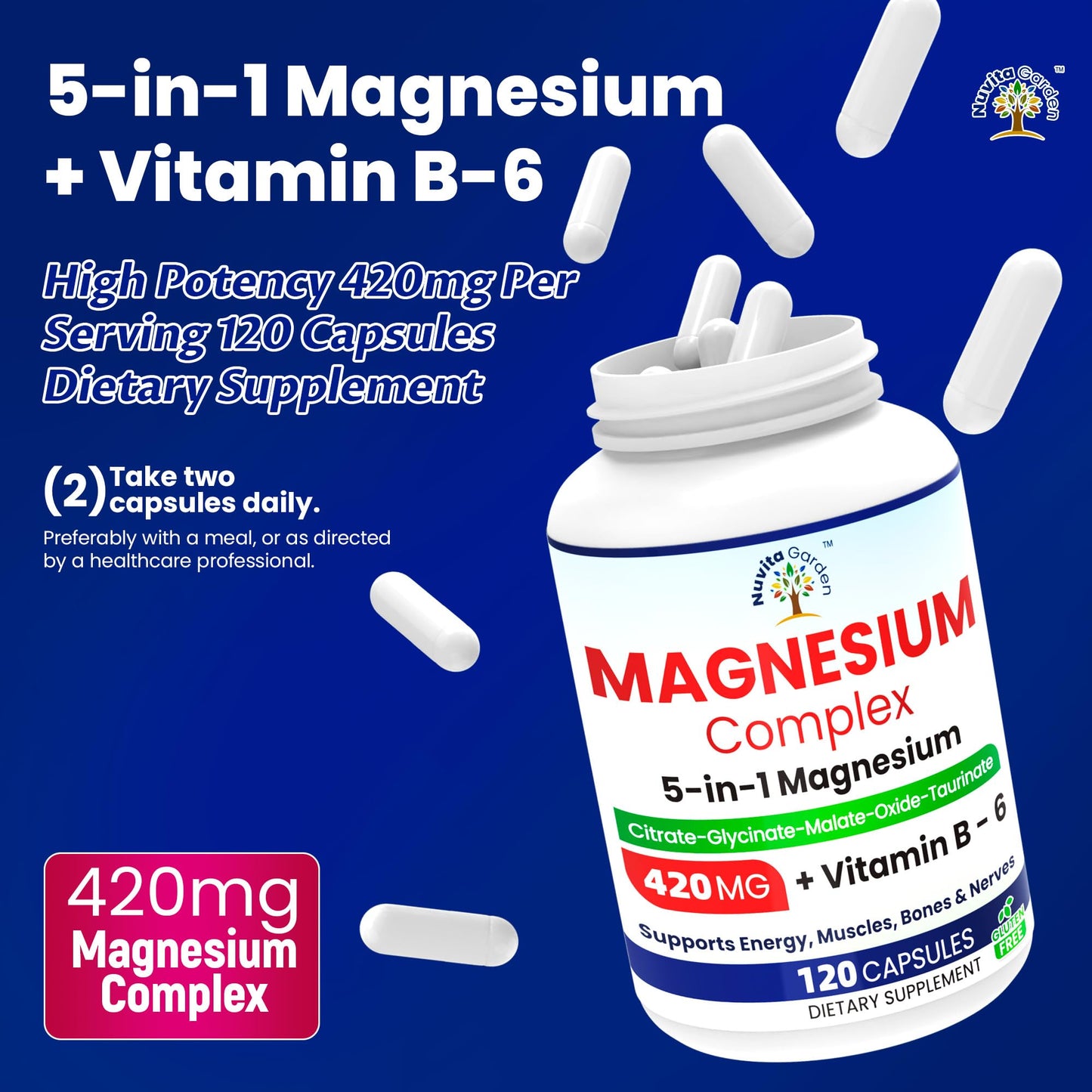 NoMiLu Magnesium Supplement 5 in 1 Complex with Glycinate, Citrate, Malate, Taurinate, Oxide and Vitamin B6 Capsule 120 Capsules