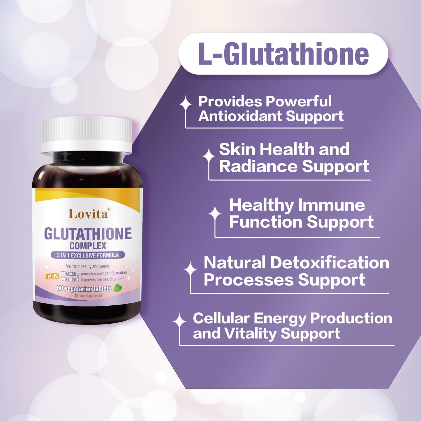 LOVITA Glutathione Complex 500mg for Radiant Skin & Immunity Support Tablet 60 Count