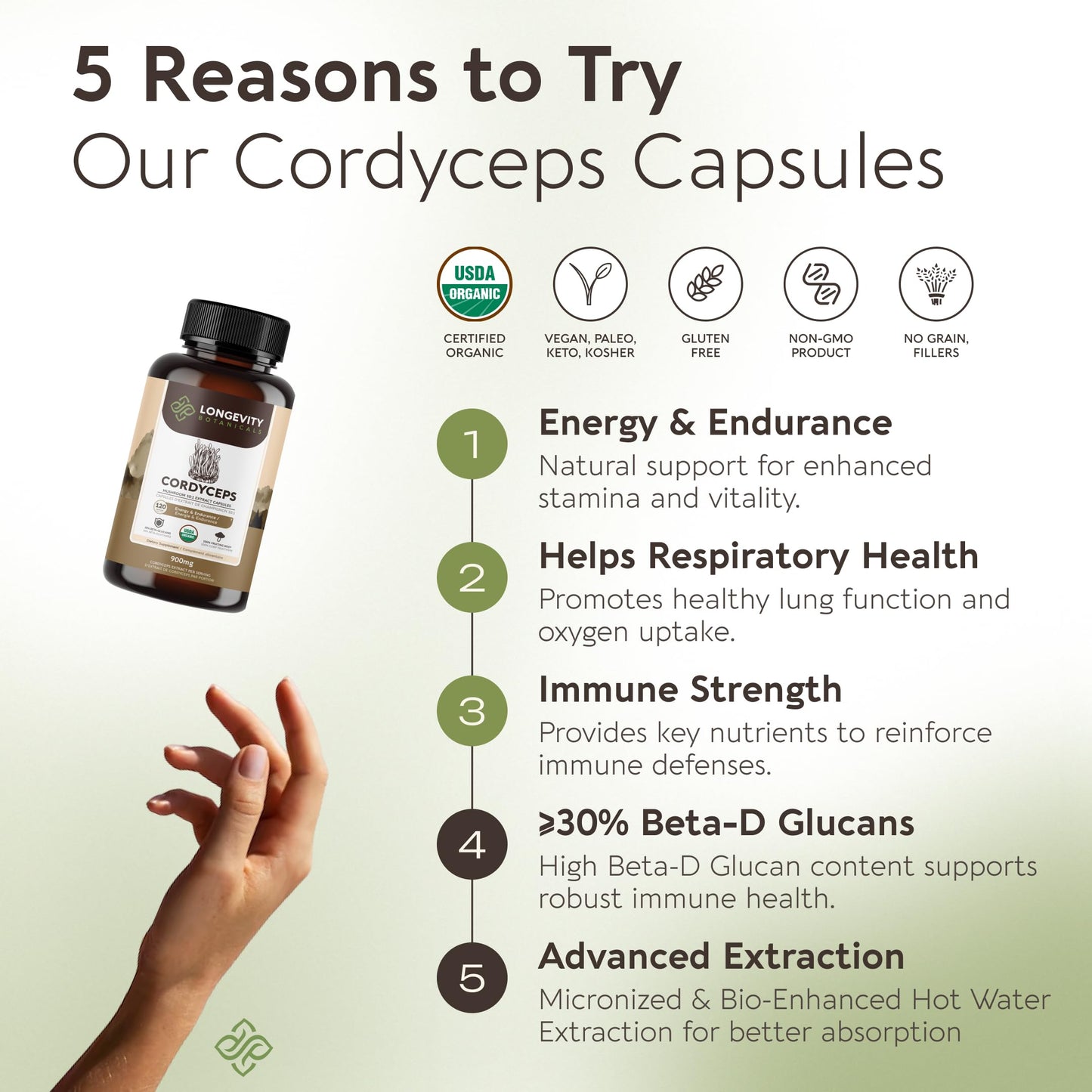 Longevity Botanicals Organic Cordyceps Mushroom Capsules 120 Count