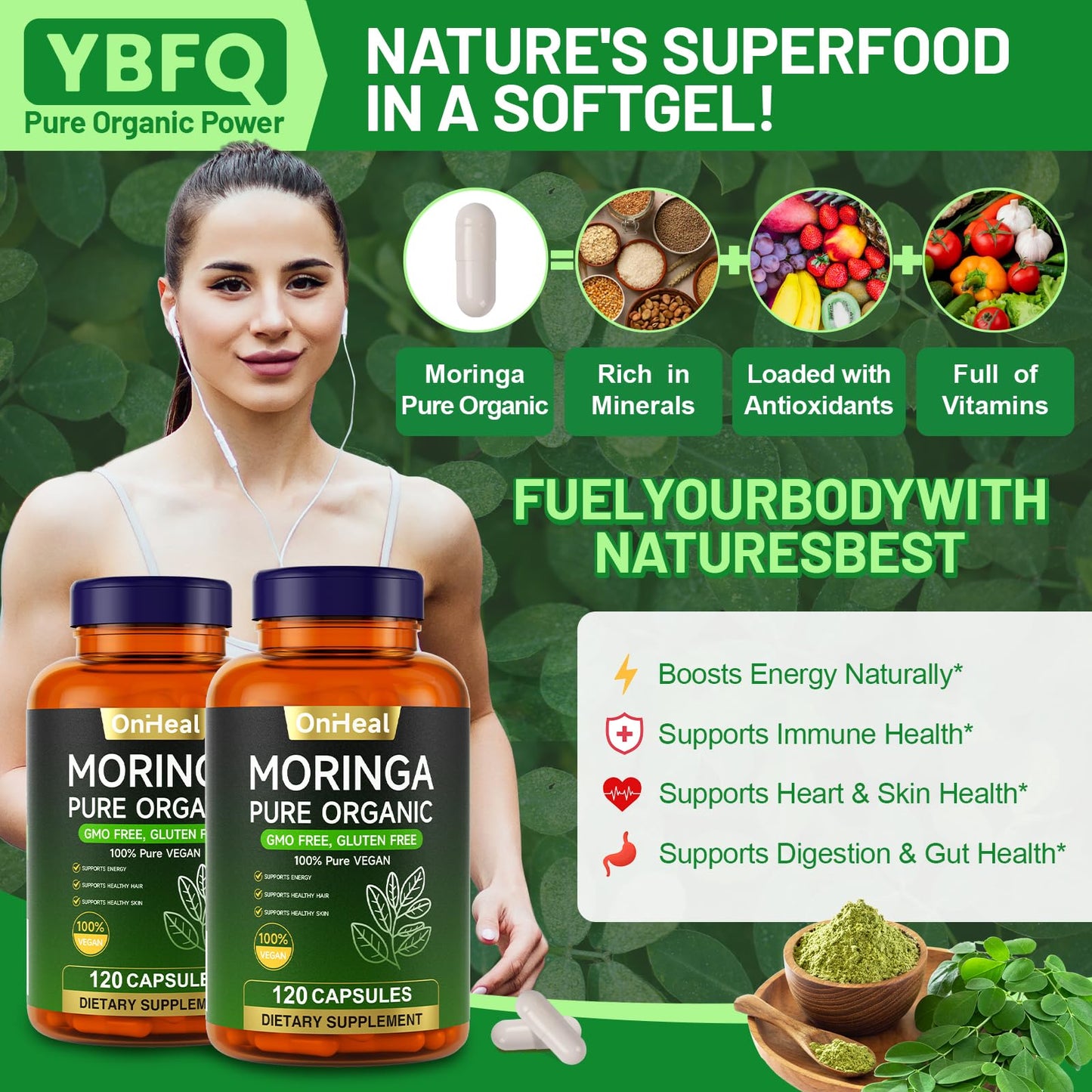 YBFQ Organic Moringa Capsules 1000 mg, 120 Count