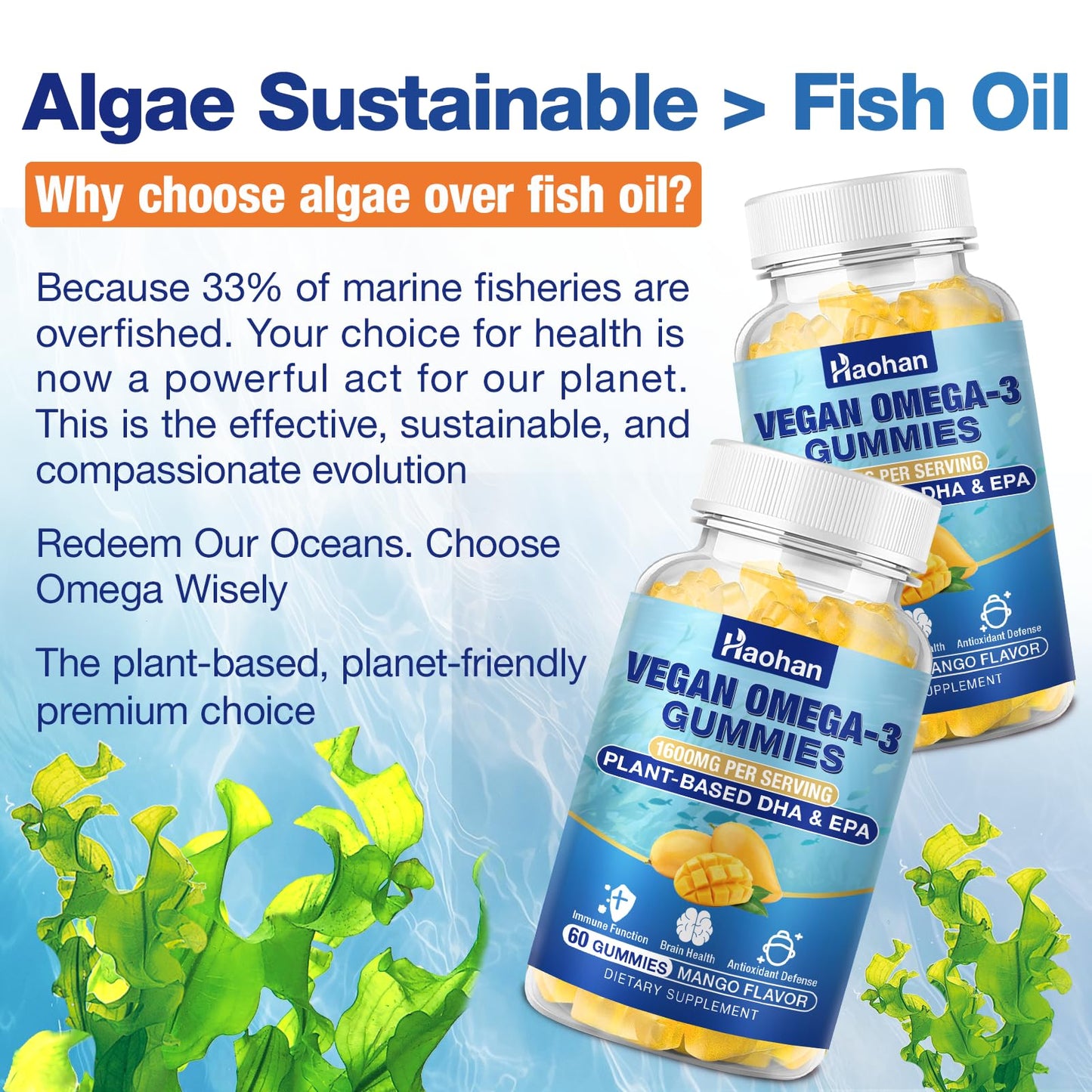 Haohan Omega-3 Gummies for Adults, Orange Flavor – Sugar-Free, Algae-Derived DHA 600mg & EPA 300mg, with Vitamins A, C, E, Zinc, 120 Gummies