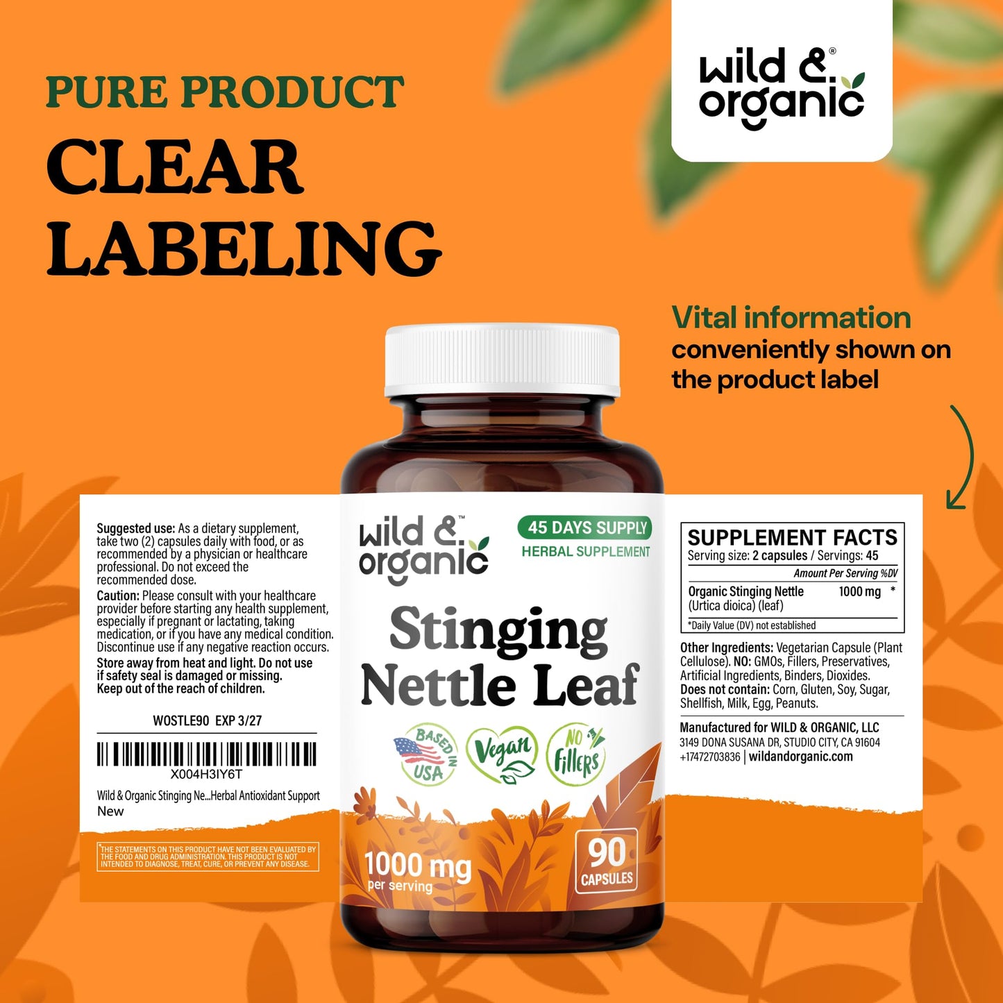 Wild & Organic Stinging Nettle Leaf Capsules 1000 mg Stinging Nettle Extract, 90 Capsules