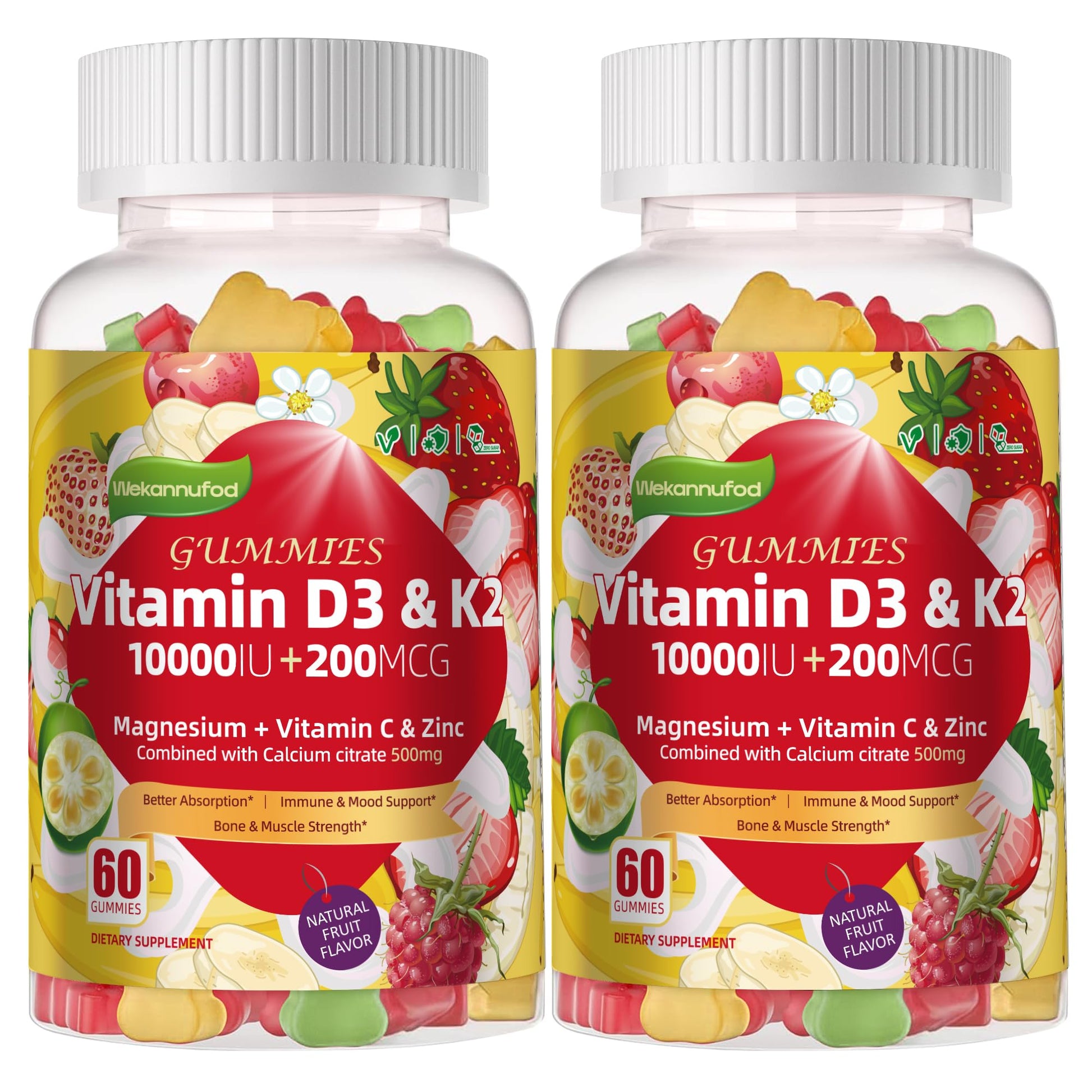 Wekannufod Sugar-Free Vitamin D3 K2 Gummies with Calcium, Magnesium Citrate, Vitamin C & K2 MK-7, Extra Strength Bone, Muscle, Teeth & Immune Support, Vegan, 120 Gummies