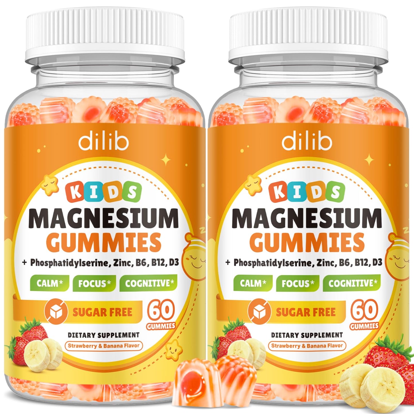 dilib Magnesium Glycinate Gummies 120 Count, Brain Support with Phosphatidylserine, L-Theanine, Zinc, for Kids & Adults, Sleep & Cognition, Strawberry & Banana Flavor
