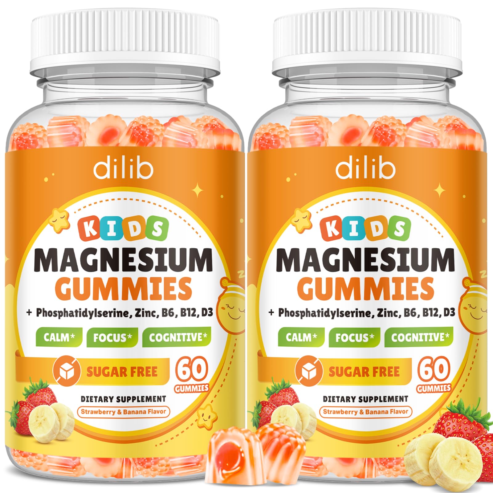dilib Magnesium Glycinate Gummies 120 Count, Brain Support with Phosphatidylserine, L-Theanine, Zinc, for Kids & Adults, Sleep & Cognition, Strawberry & Banana Flavor