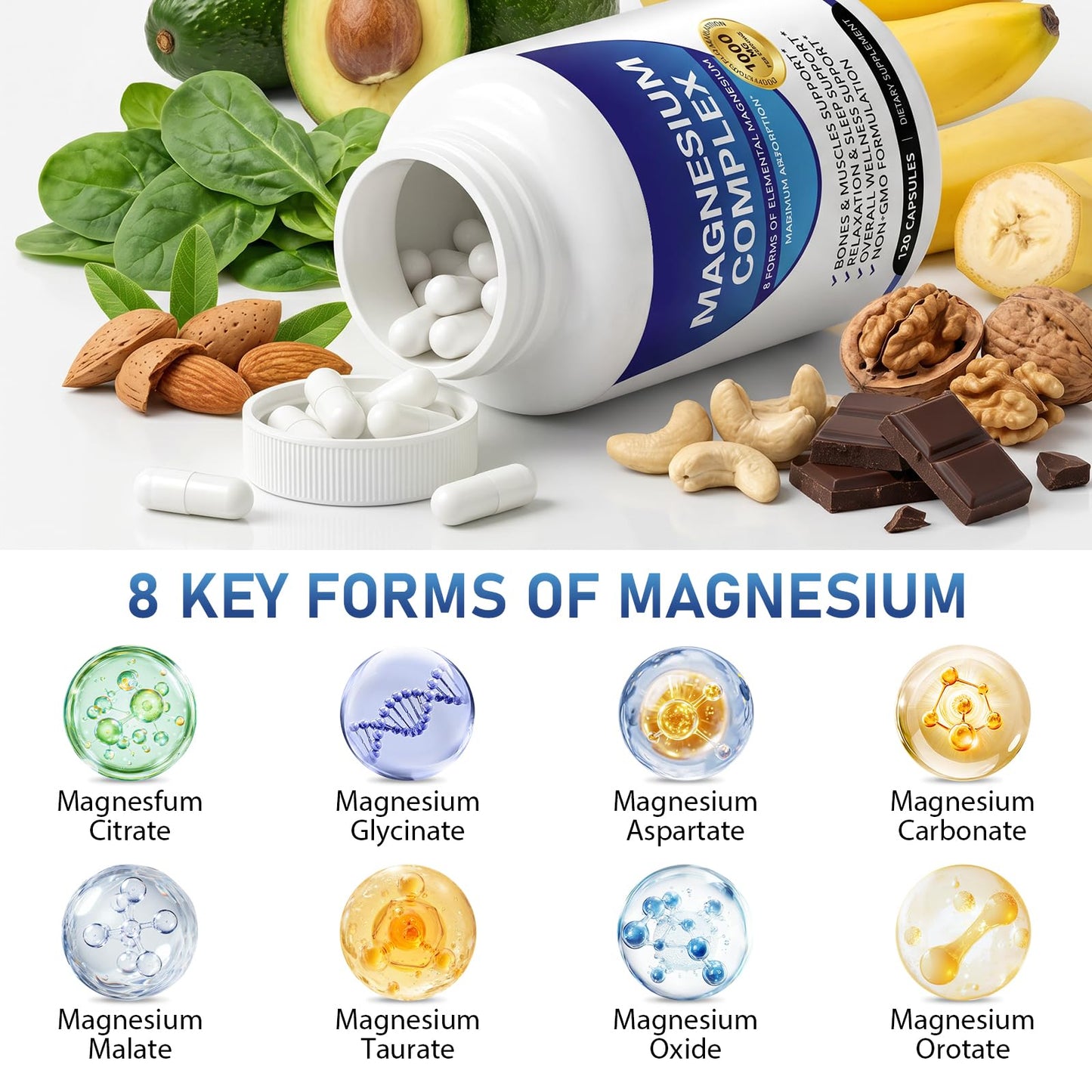 Bivinke Magnesium Complex 8 Elemental 1000mg, Chelated for Better Absorption, Vegan Capsules, 120 Count