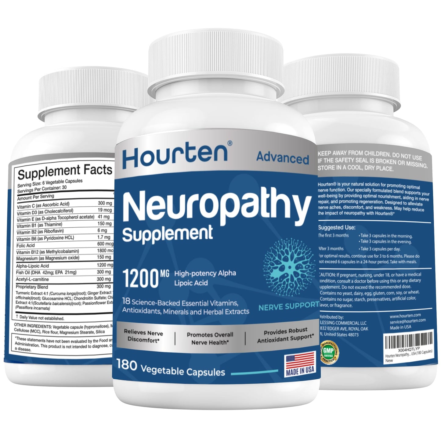 Hourten Neuropathy Sciatica Nerve Support Supplement Capsule 180 Count