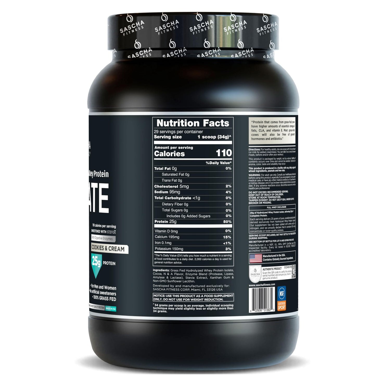 SASCHA FITNESS Hydrolyzed Whey Protein Isolate Powder, 100% Grass-Fed, Cookies & Cream, 2 Pounds