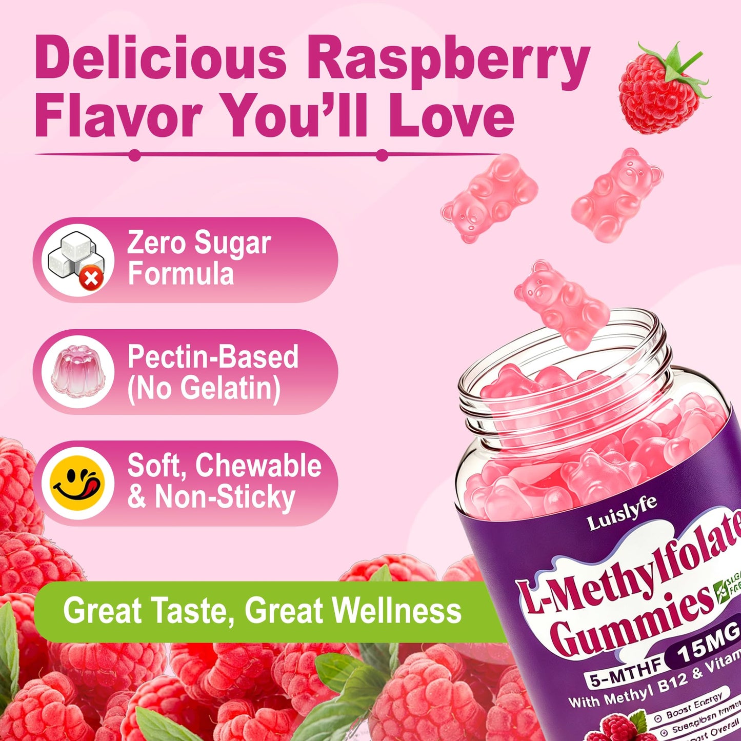 Luislyfe L-Methylfolate 15mg Gummies & Methyl B12, High Absorption Active Folate 5-MTHF Supplement for Cognition, Mood & Immune, Sugar Free, Vegan, Non-GMO, Raspberry Flavor, 60 Count