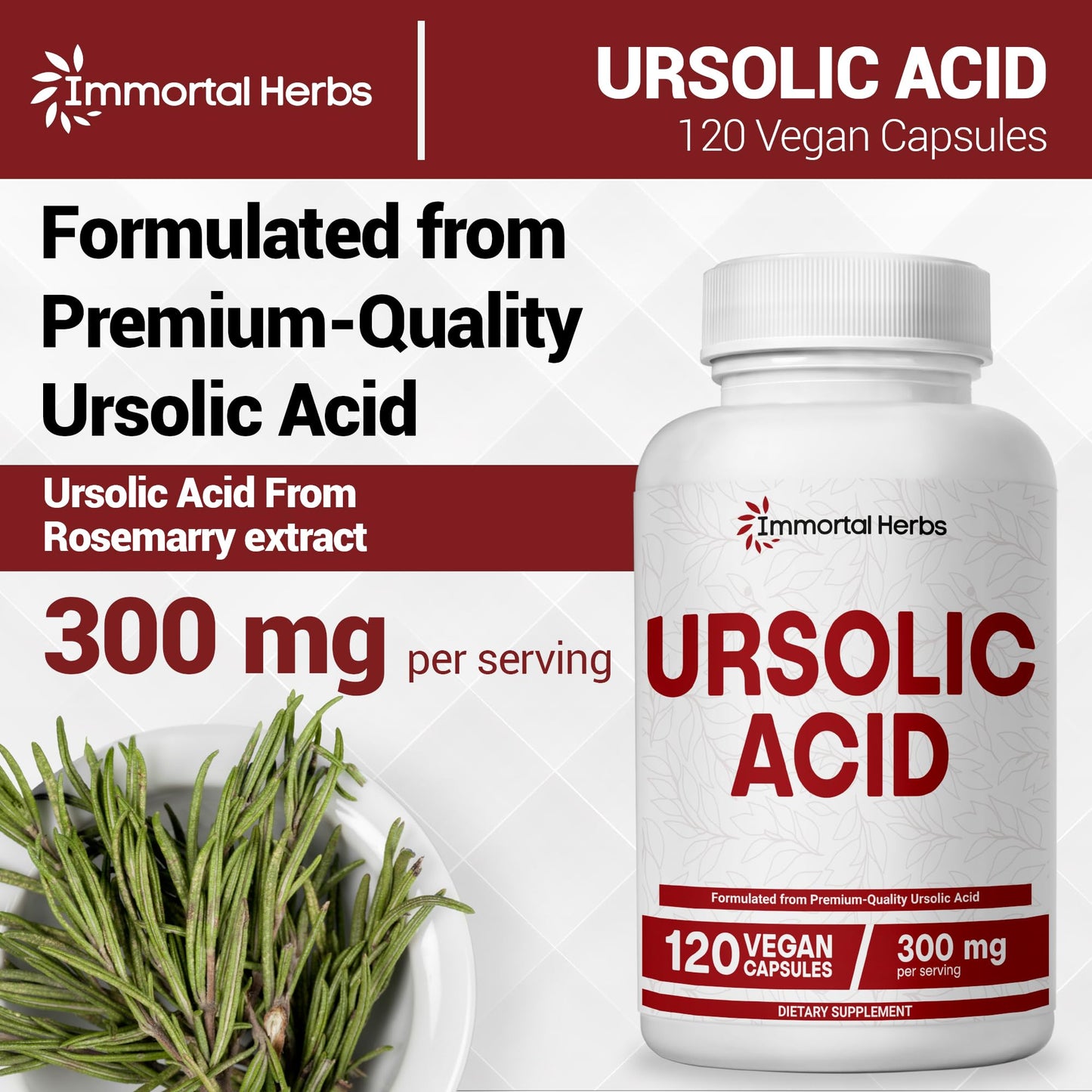 Immortal Herbs Pure Ursolic Acid Supplement Capsules 150 Count