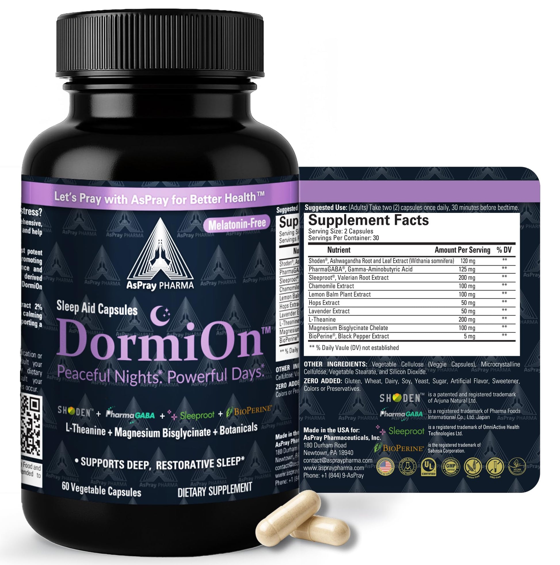 AsPray Pharma DormiOn Melatonin-Free 10-in-1 Stress Relief-Cortisol Reducer, Restorative Deep Sleep Aid for Adults – Clinically Studied Ashwagandha, GABA, Valarian and Magnesium, Non-Habit Forming, Vegan, 60 Capsules