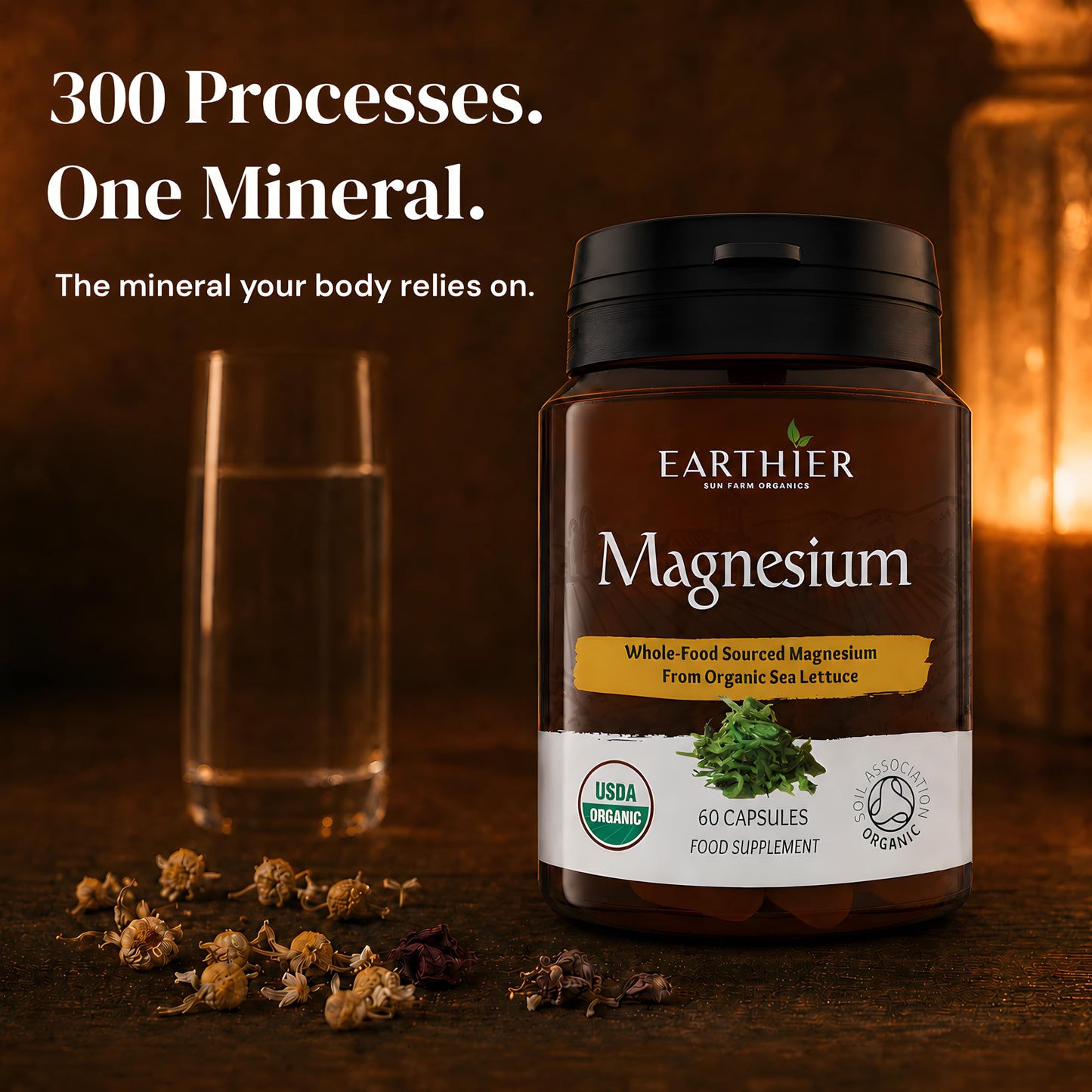 Earthier Organic Magnesium Whole Food Sourced & Certified by Soil Association Vegan Capsules, 60 Capsules