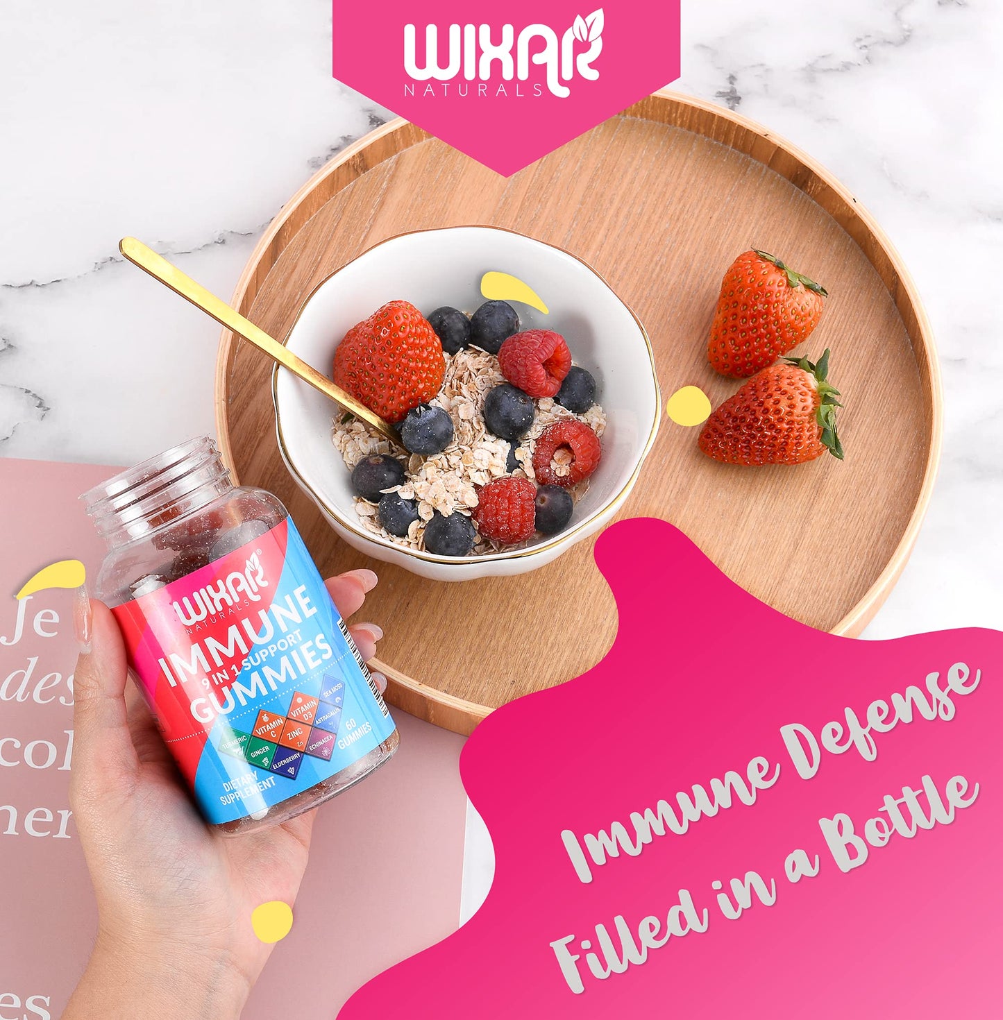 WIXAR NATURALS 9 in 1 Immune Support Gummies with Elderberry, Vitamin C&D, Zinc, Turmeric, Ginger, Echinacea, Astragalus & Sea Moss, 60 Gummies