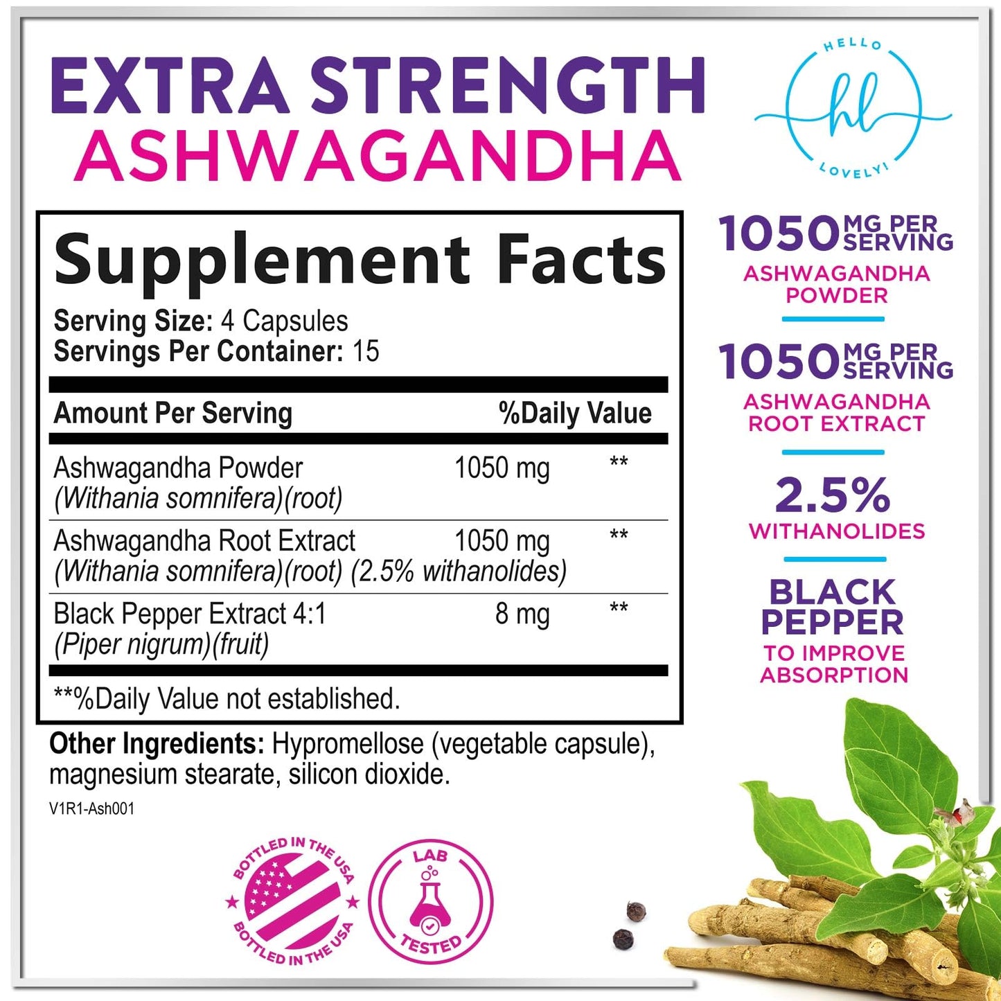 Hello Lovely! Ashwagandha Supplements for Women Extra Strength with Black Pepper Extract Capsules, 60 Count