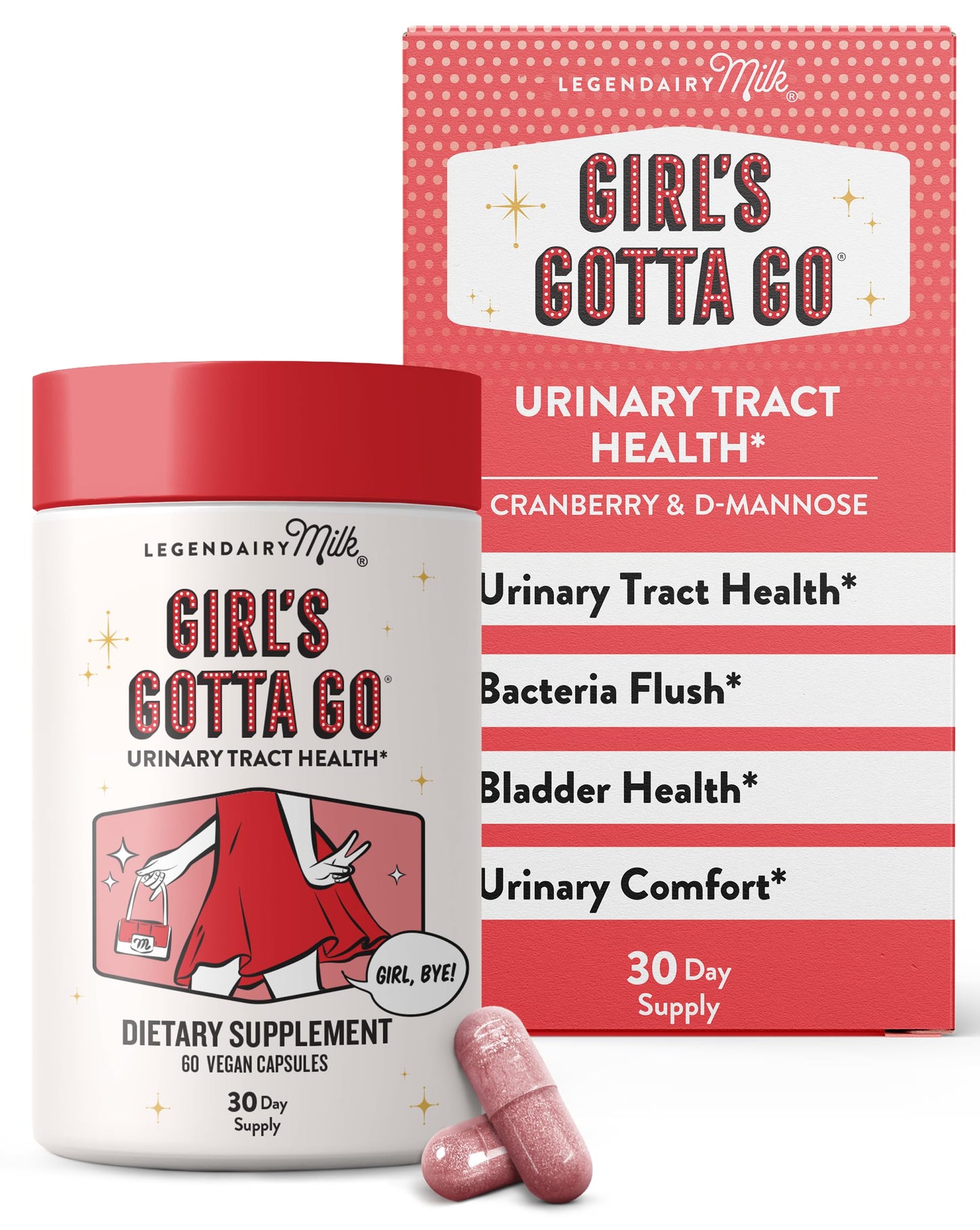 Legendairy Milk Girl’s Gotta Go UTI Support Capsule, Urinary Tract Health for Women with Sugar-Free Cranberry and D-Mannose, 60 Capsules