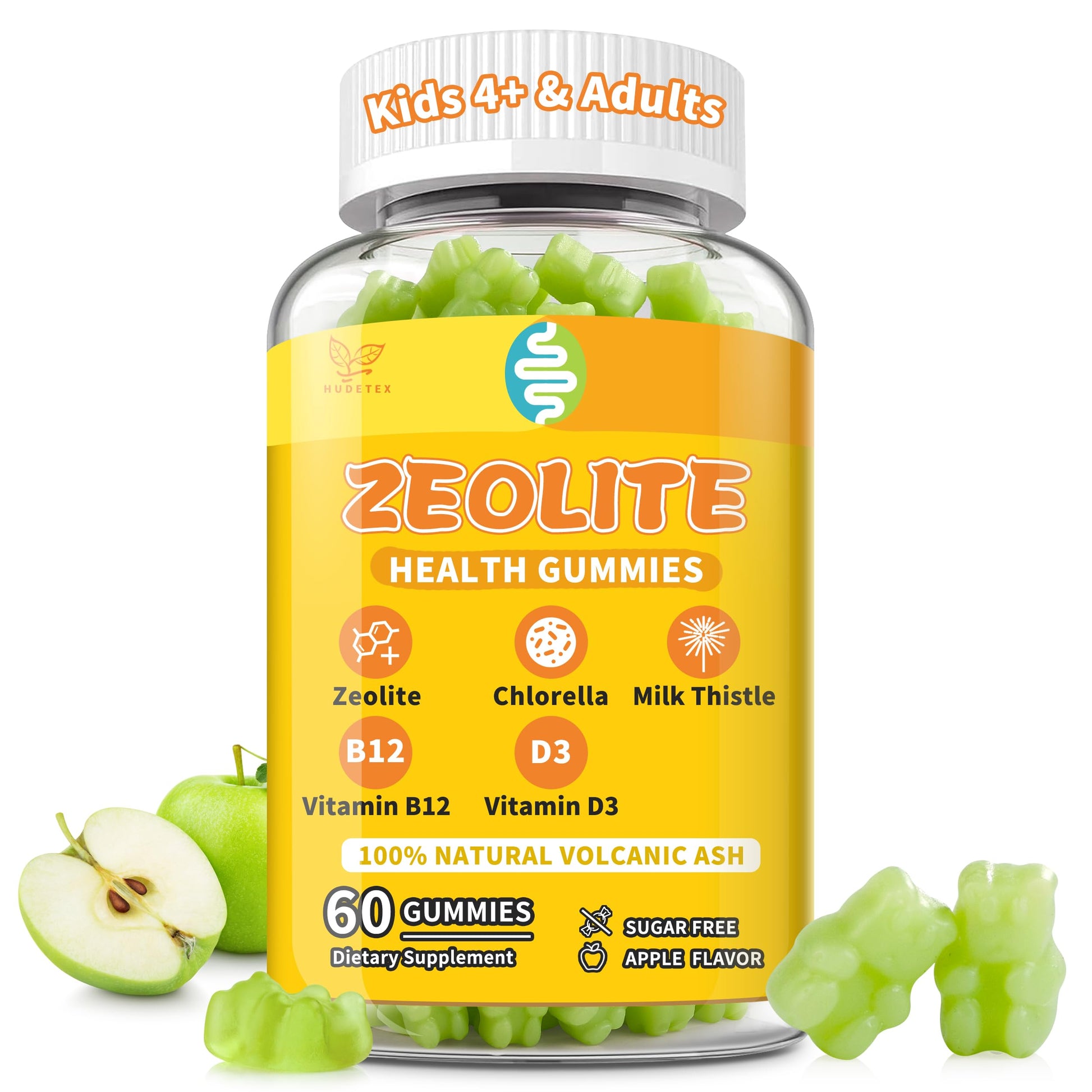 Hudetex Zeolite Gummies with Pure Clinoptilolite, Chlorella, Milk Thistle & Vitamins for Focus, Gut & Immune Support, Apple Flavor, Sugar Free, Vegan, 60 Gummies