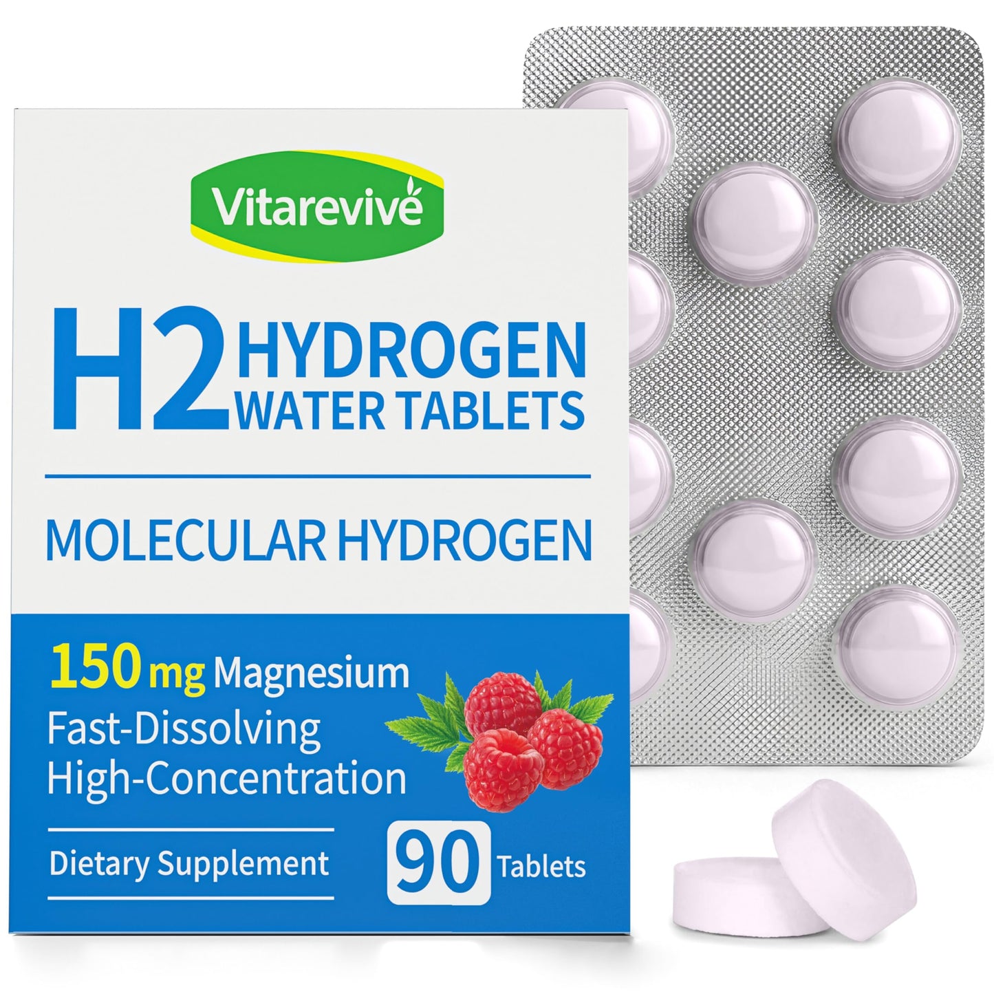 Vitarevive H2 Molecular Hydrogen Water - Hydrogen Tablet for Drinking Water, High Potency H2 Formula, Antioxidant Support, Fast Dissolving Hydrogen Water Enhancer, Raspberry, 90 Tablets