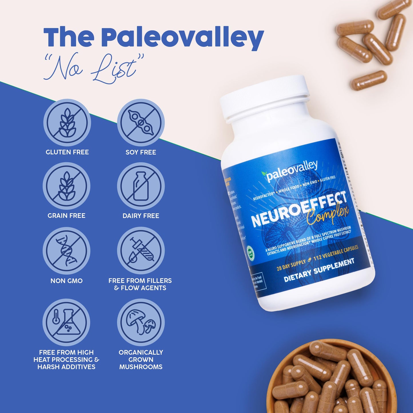 Paleovalley NeuroEffect Neuro Mushroom Coffee Nutritional Supplement for Focus, Memory, and Energy Support Capsule 112 Count