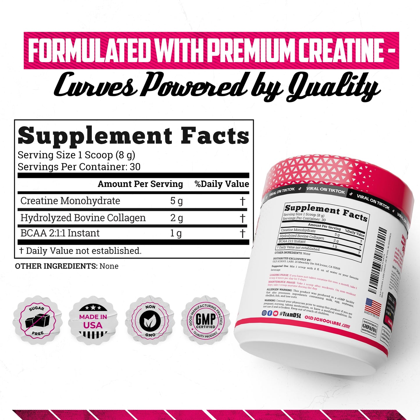Old School Labs Creatine for Women – Post-Workout Supplement with 5000mg Creatine Monohydrate, 2000mg Collagen & BCAA 2:1:1 for Strength Support & Recovery, Unflavored, Powder, 8.57 Ounce
