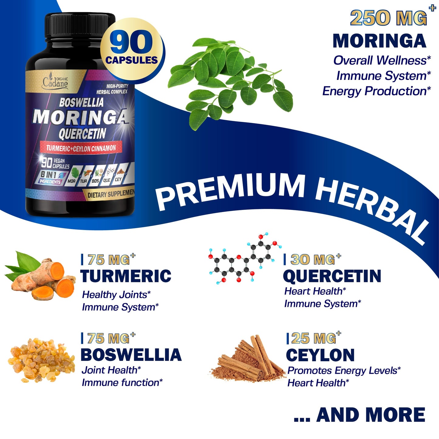 Organic Cadane Moringa Leaf with Turmeric, Boswellia, Quercetin, Ceylon Cinnamon, Holy Basil, Ginger, and Black Pepper Capsules, 90 Count