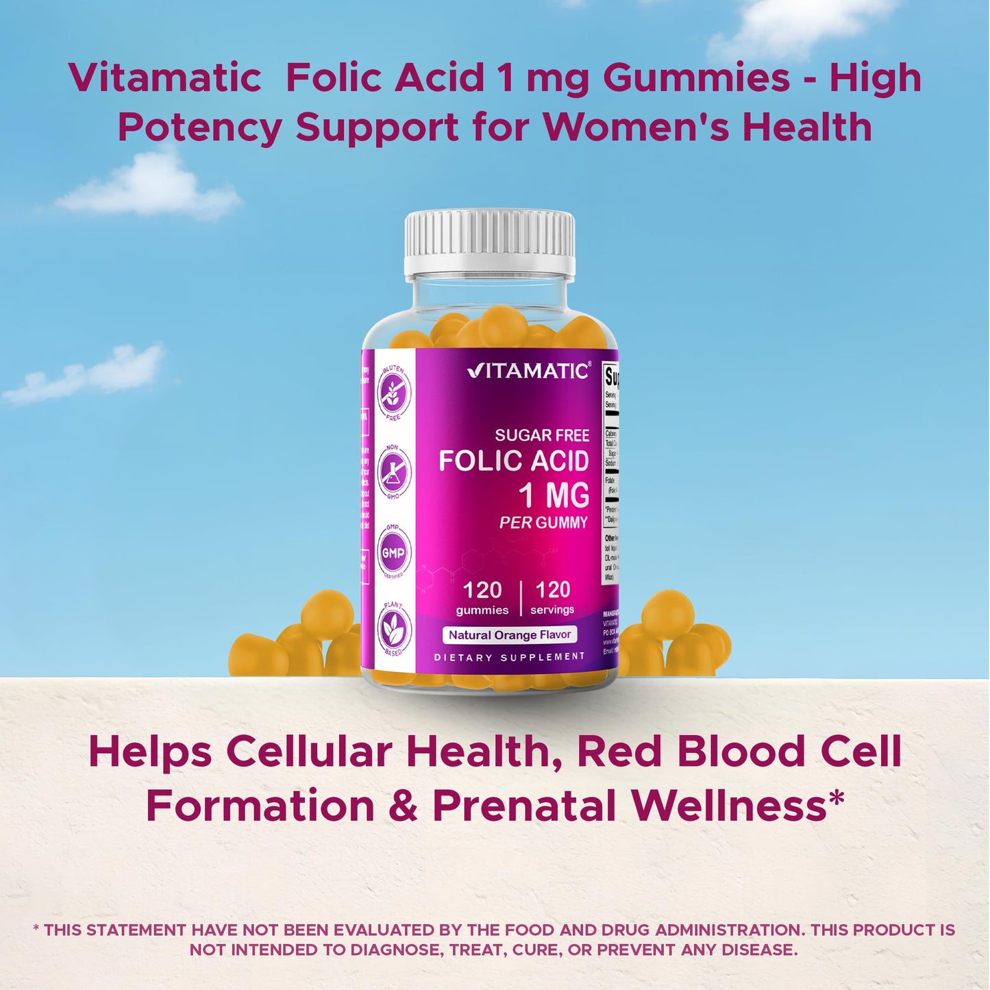 Vitamatic Sugar Free Folic Acid 1 mg Gummies, 120 Count