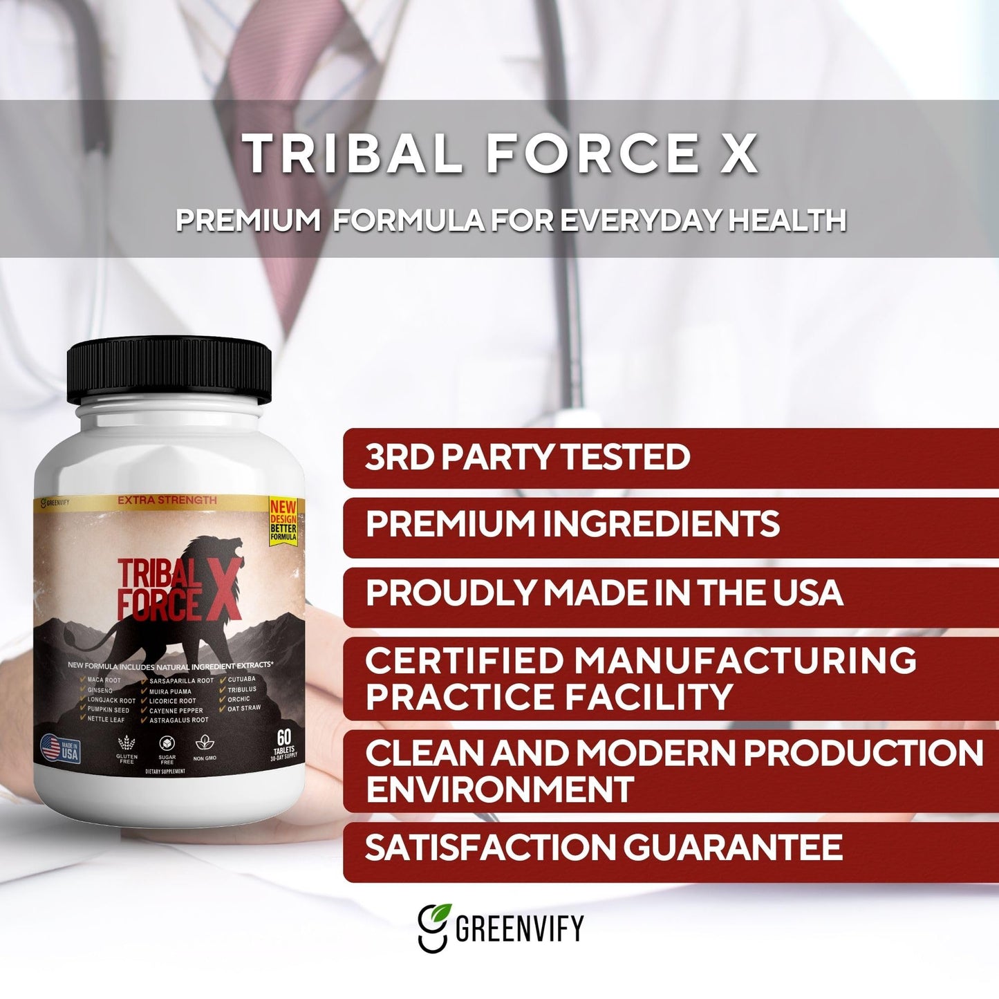 GREENVIFY Tribal Force X Men's Daily Wellness Supplement Extra Strength Formula, 60 Capsules