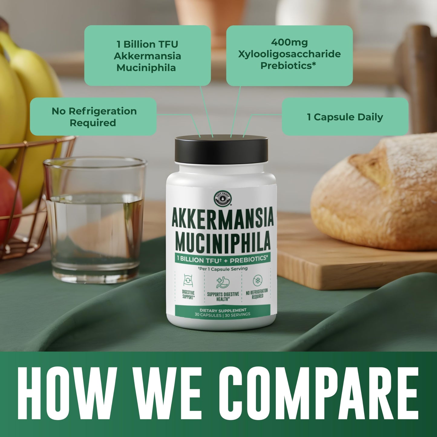 Left Coast Performance Akkermansia Muciniphila Supplement With Prebiotics, 30 Capsules