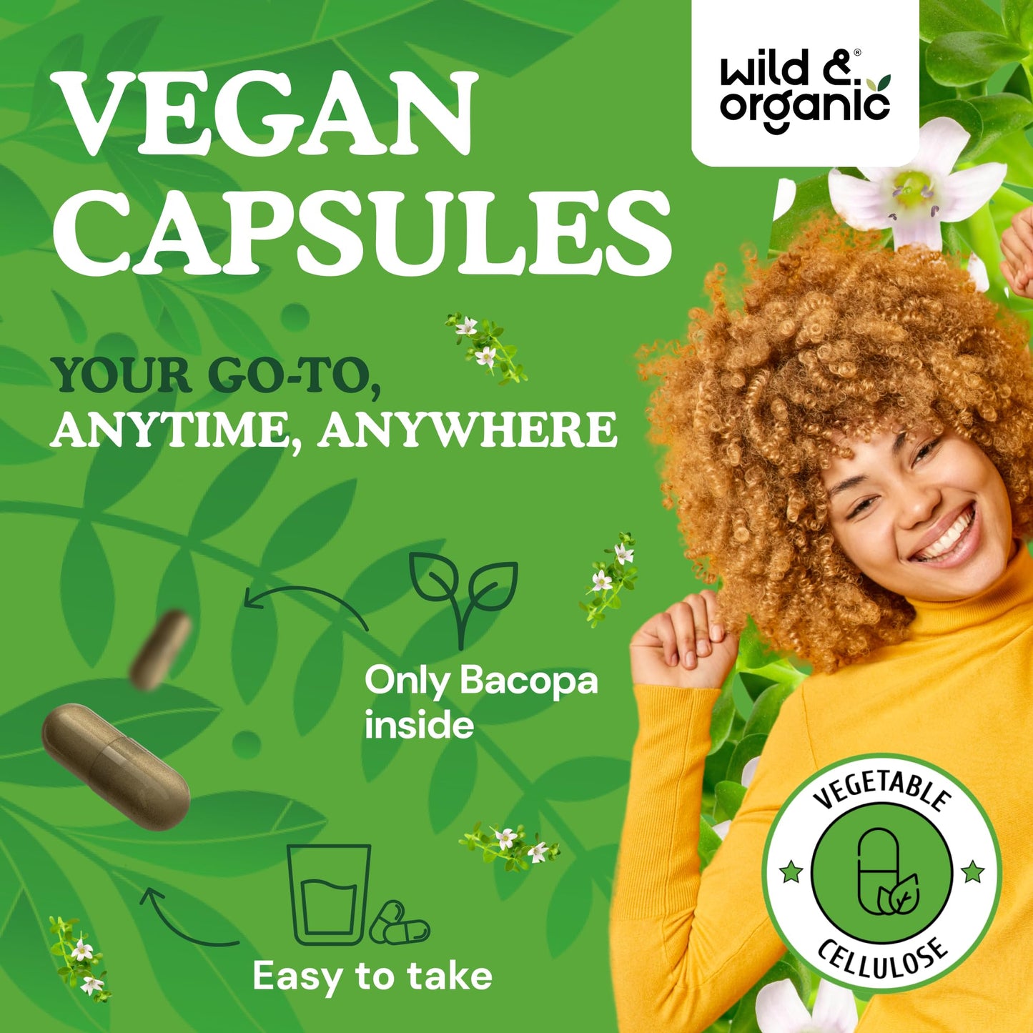 Wild & Organic Bacopa Monnieri 600 mg Capsules, 60 Count