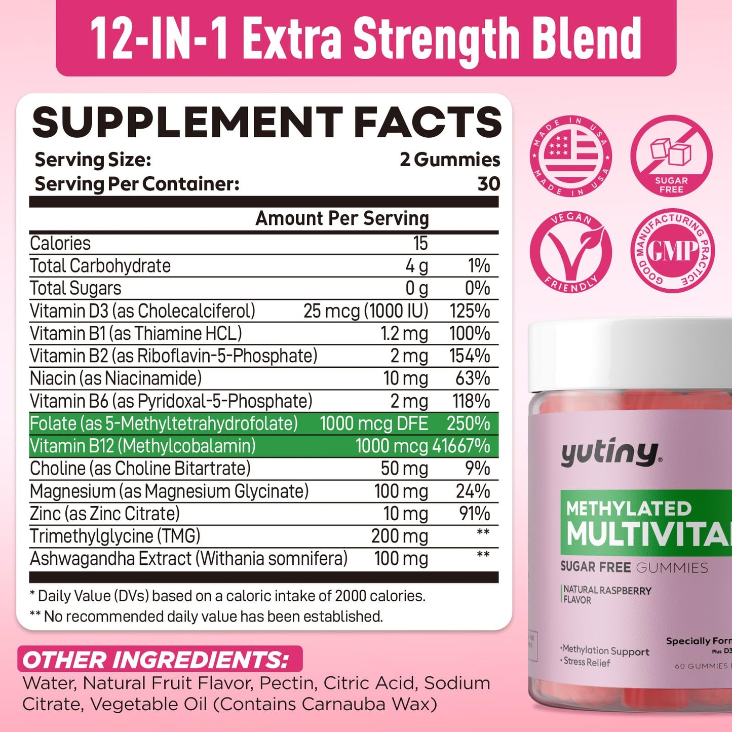 Yutiny Methylated Multivitamin for Women Gummies, Methyl B Complex Vitamins with D3 Zinc Choline TMG for Energy & Nervous System, Vegan, Sugar Free, 60 Gummies