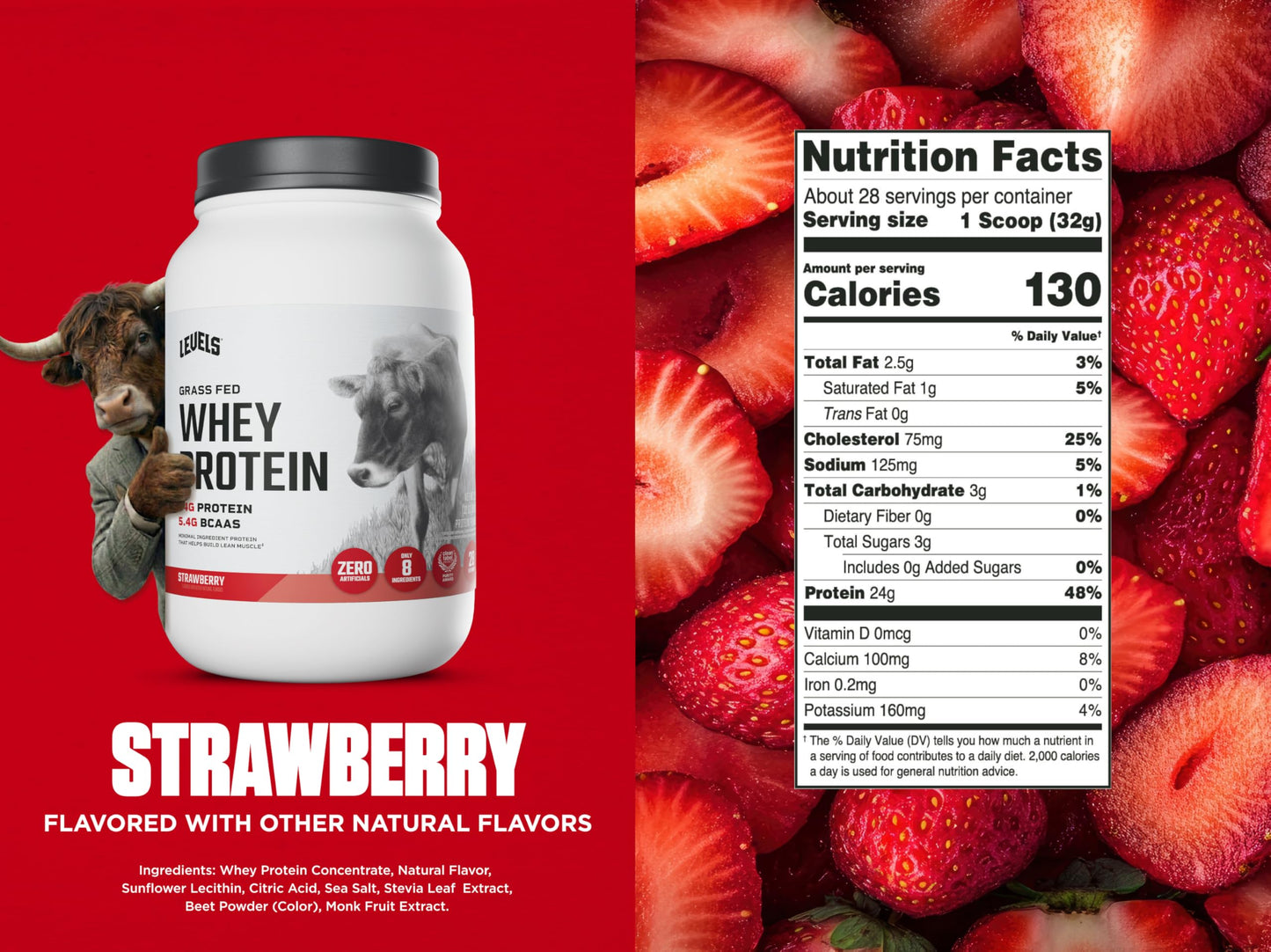Levels Nutrition Grass Fed Whey Protein Powder, Strawberry, 32 Servings