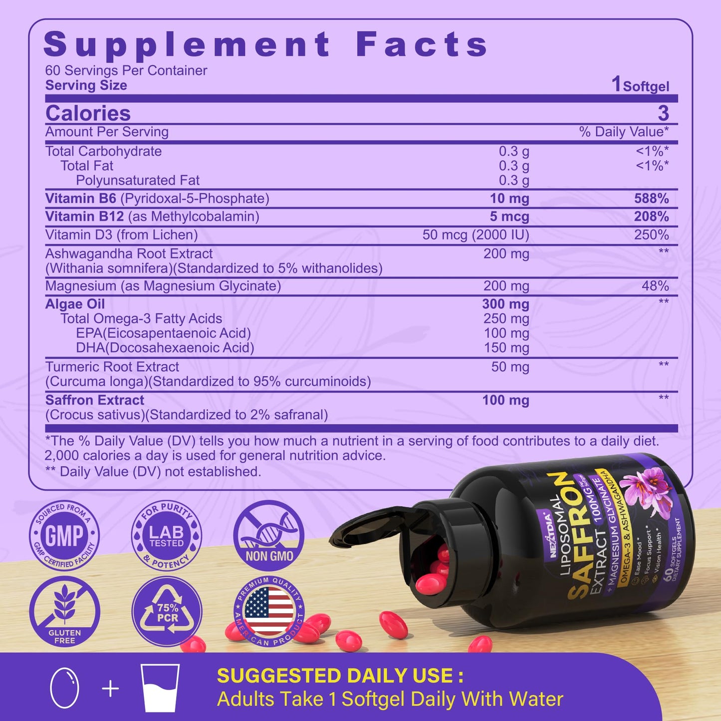 Nextdia Saffron Supplements Liposomal High Absorption 100% Pure Saffron Extract 100mg Softgel 58 Count