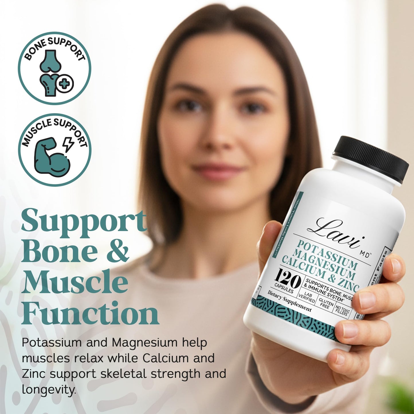 LaviMD Potassium Magnesium Zinc Calcium Supplement for Bone Health, Muscle & Immune System Support Capsules 120