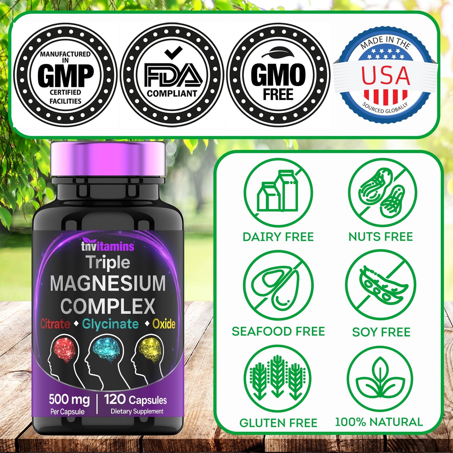 tnvitamins Triple Magnesium Complex Supplement 500mg: Magnesium Glycinate, Citrate, & Oxide, 120 Capsules