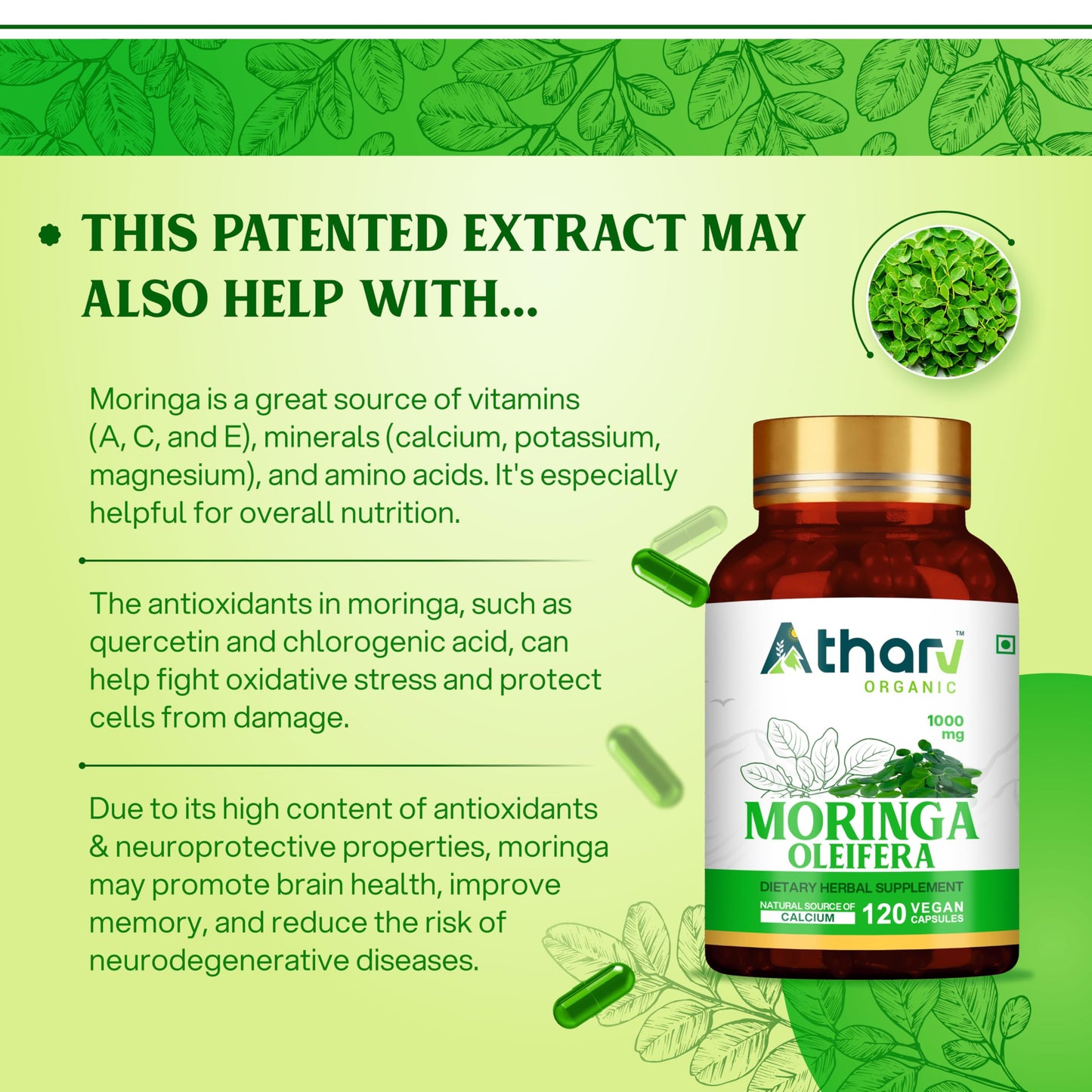 ATHARV ORGANIC Moringa Capsules 1000 mg, 120 Count