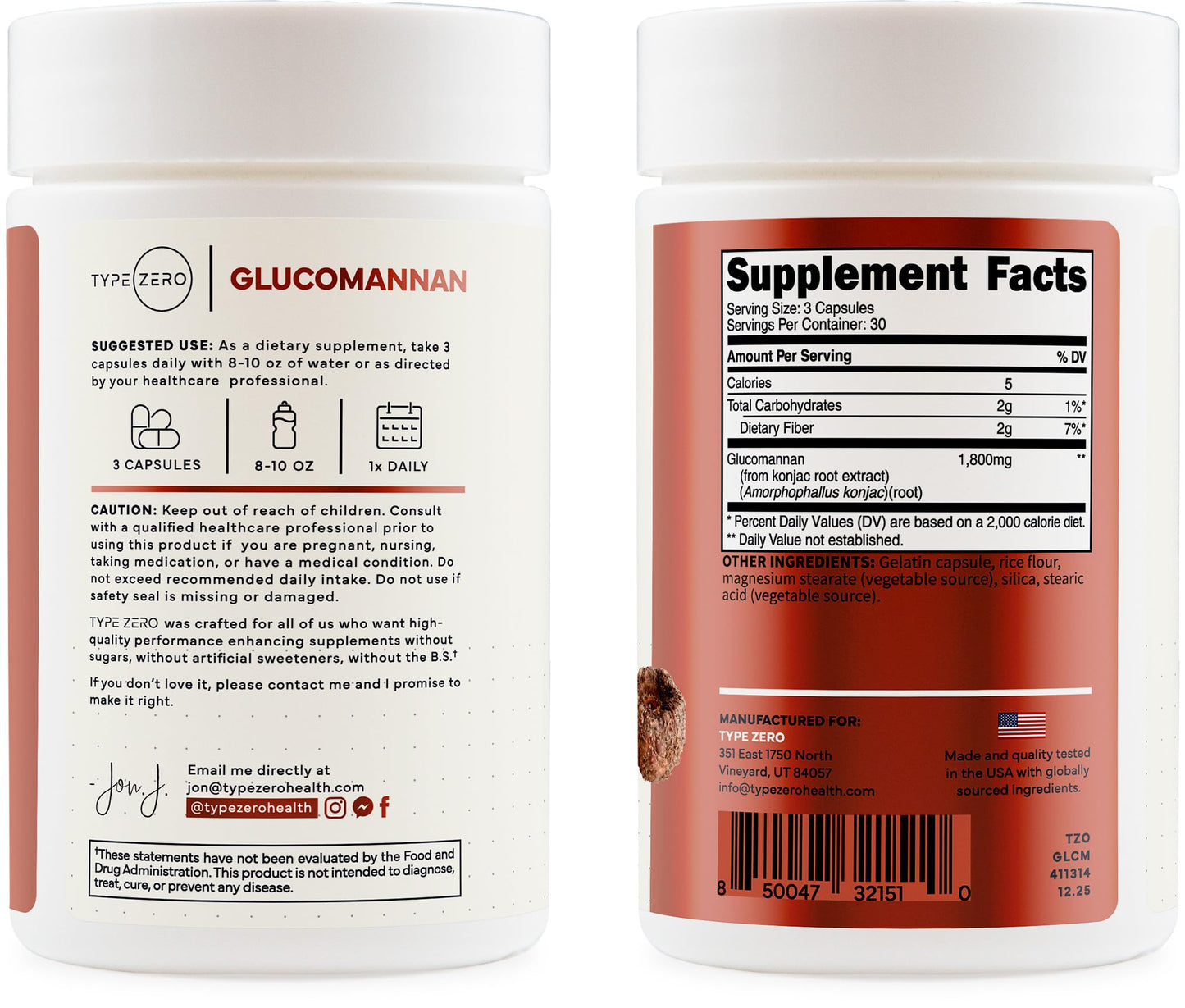 Type Zero Clean Glucomannan Konjac Root Extract (1,800mg) Capsule, 90 Count