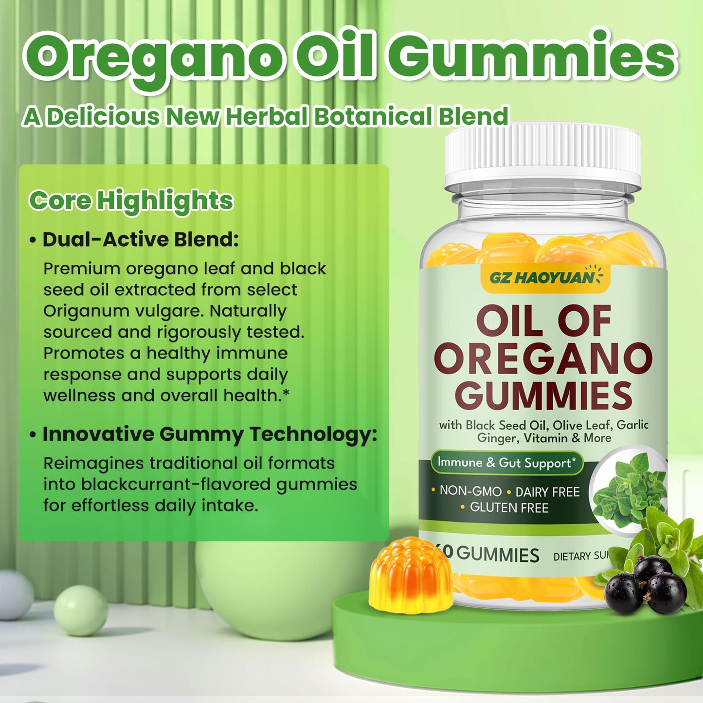 GZ HAOYUAN Oil of Oregano Gummy with Black Seed Oil + Vitamin D3, 60 Count