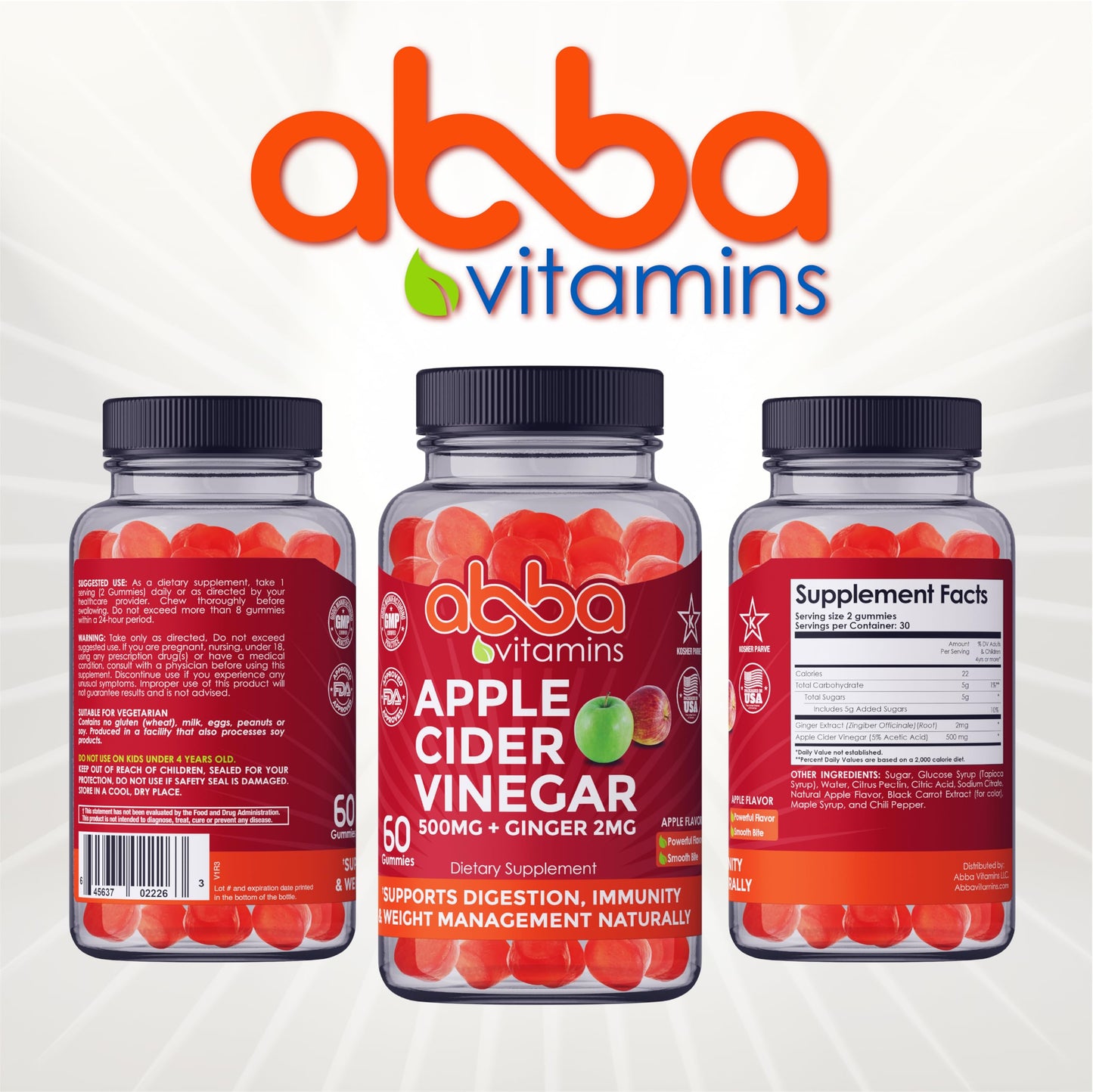 Abba Vitamins Apple Cider Vinegar with Ginger Gummy, 60 Count