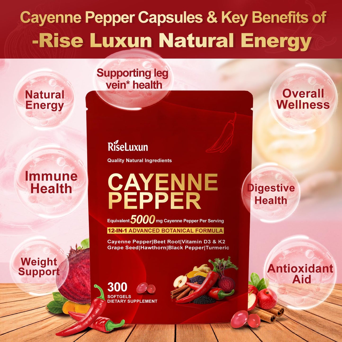 RiseLuxun Cayenne Pepper Softgels Capsule, 300 Count
