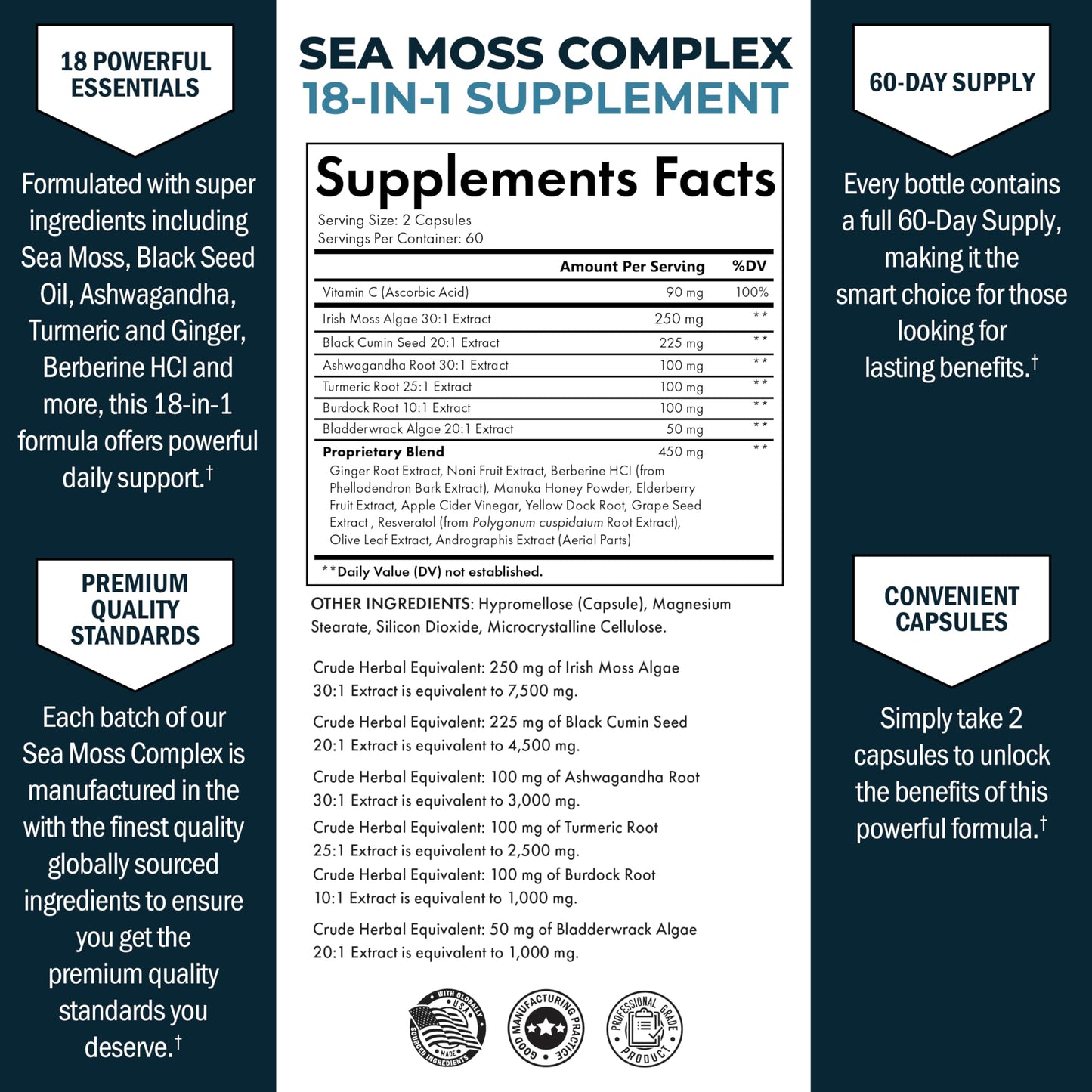 BioSchwartz Sea Moss Black Seed Oil Ashwagandha Ginger Supplement with Turmeric Berberine HCI Burdock Bladderwrack Resveratrol Elderberry Manuka Honey Apple Cider Vinegar ACV Capsules, 120 Count