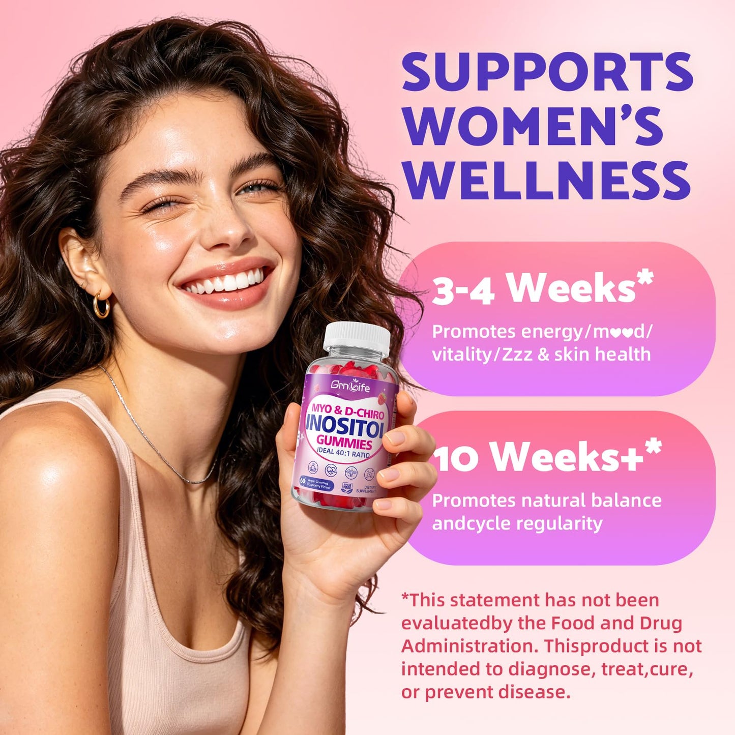 GrnLife Myo-Inositol & D-Chiro Inositol Gummies, 40:1 Ratio, with Vitamin D3, Magnesium Glycinate, Methyl Folate, Raspberry Flavor, Sugar Free, 120 Gummies