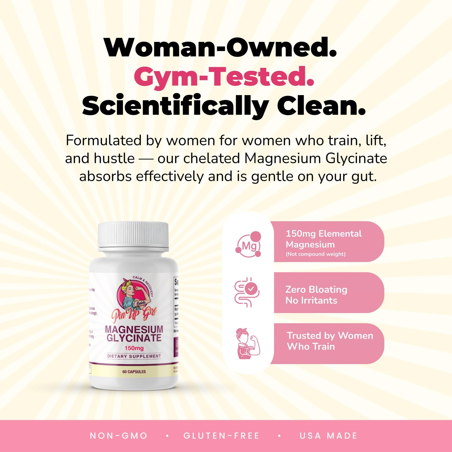 Pin Up Girl Magnesium Glycinate for Women – 150mg Chelated for Bioavailability – Premium, High Absorption, Non-Laxative – 60 Capsules