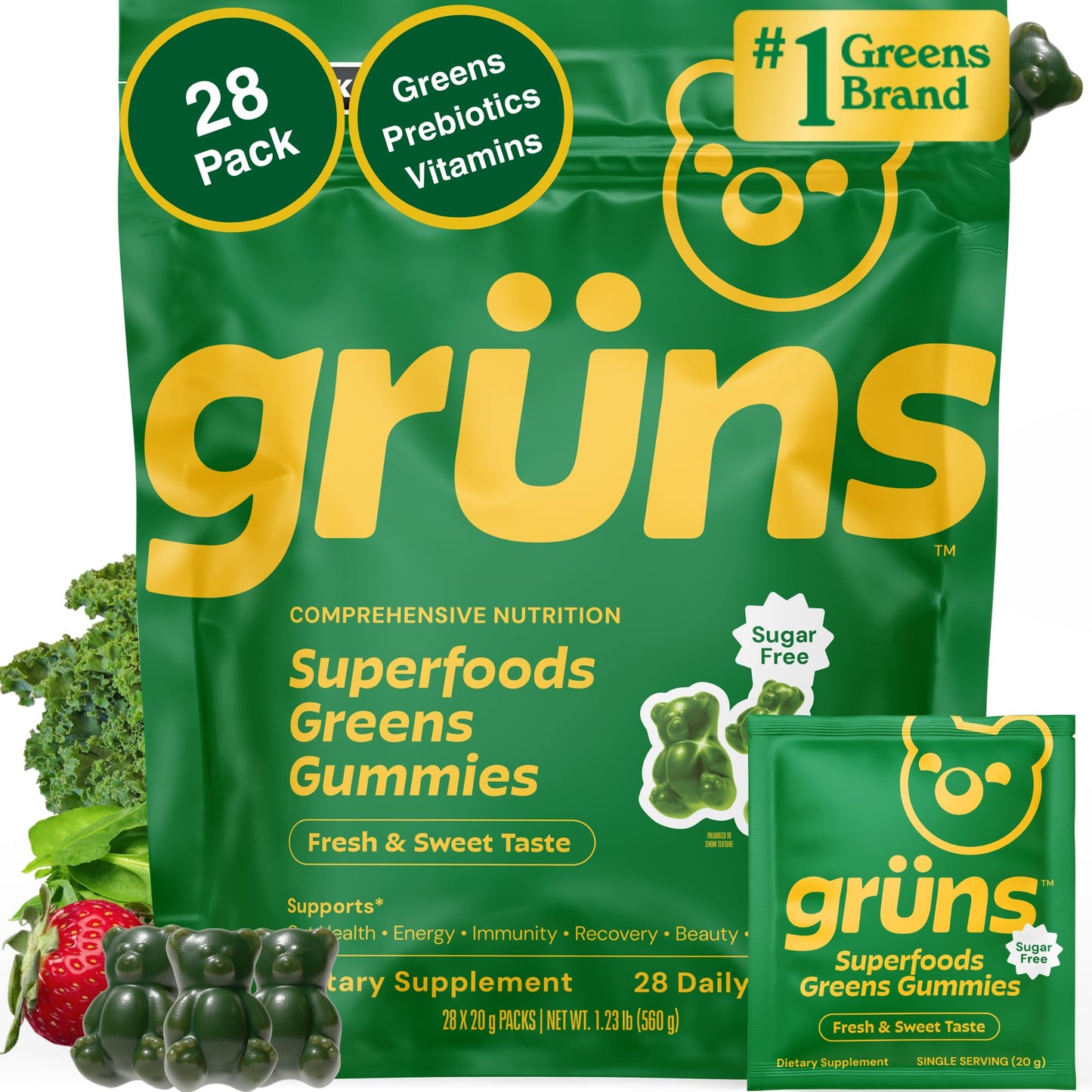 Grüns Adult Greens Gummies Sugar Free Multivitamin & Prebiotic Fiber, 28 ct