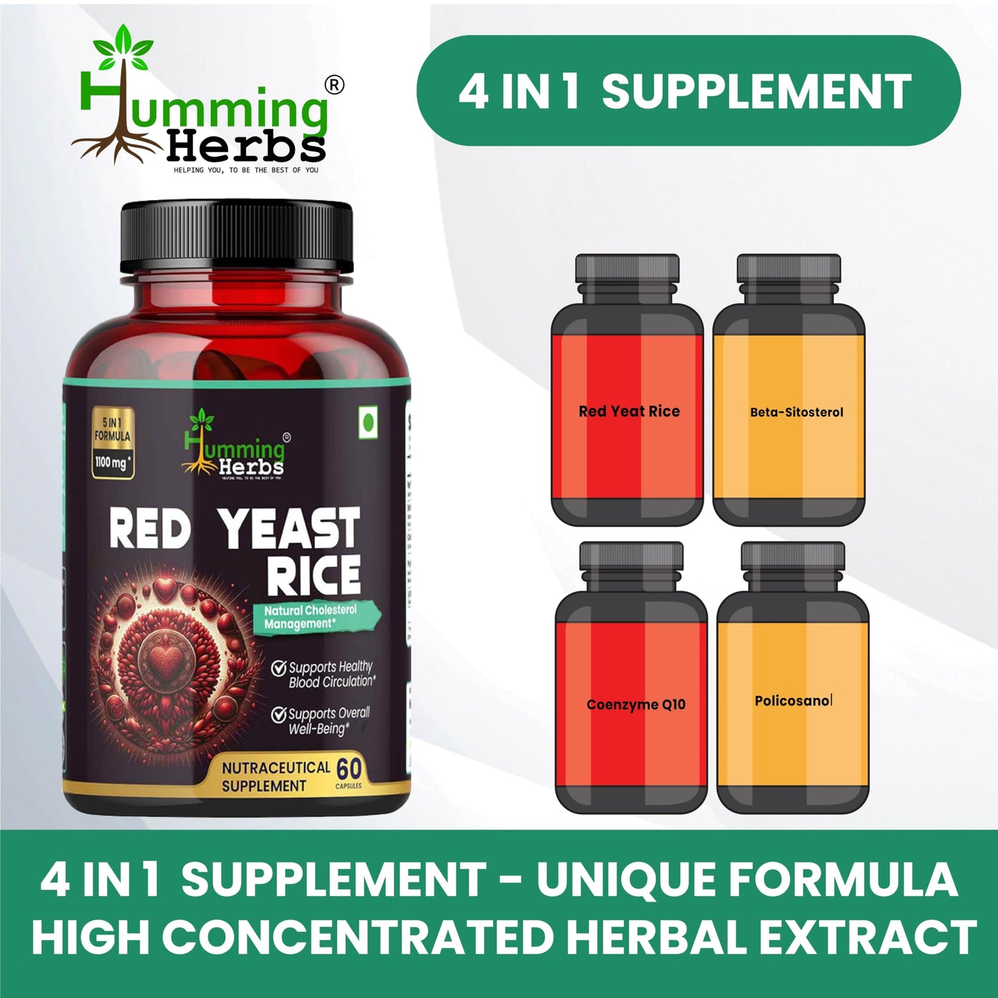 Humming Herbs Red Yeast Rice 1100mg with CoQ10, Policosanol, Beta Sitosterol & Lycopene Formula, 60 Capsules