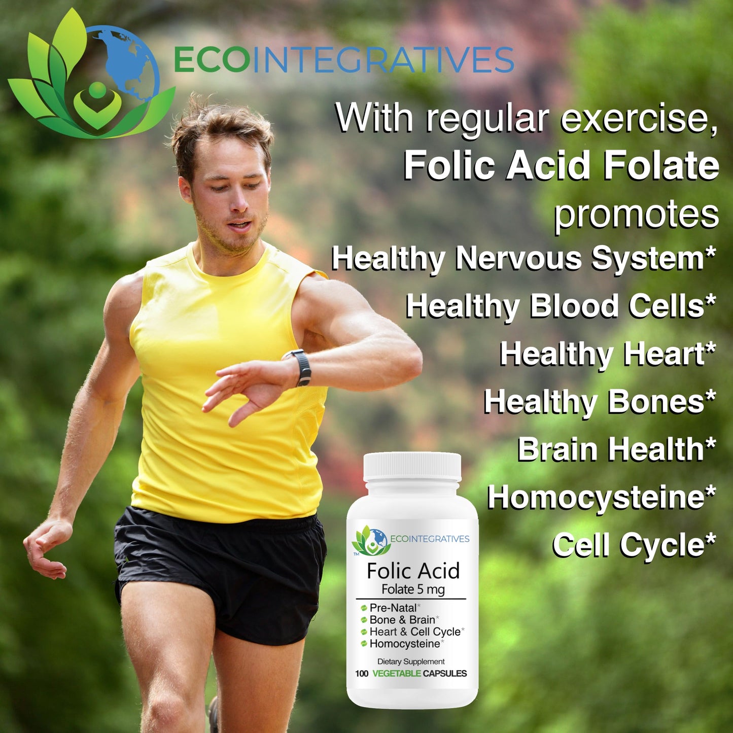 EcoIntegratives Folic Acid Folate 5mg (B9) Prenatal, Reproductive Health, Homocysteine, Metabolism, Cardiovascular, Bone, Immune Support, Allergen Free, Non GMO, 100 Capsules