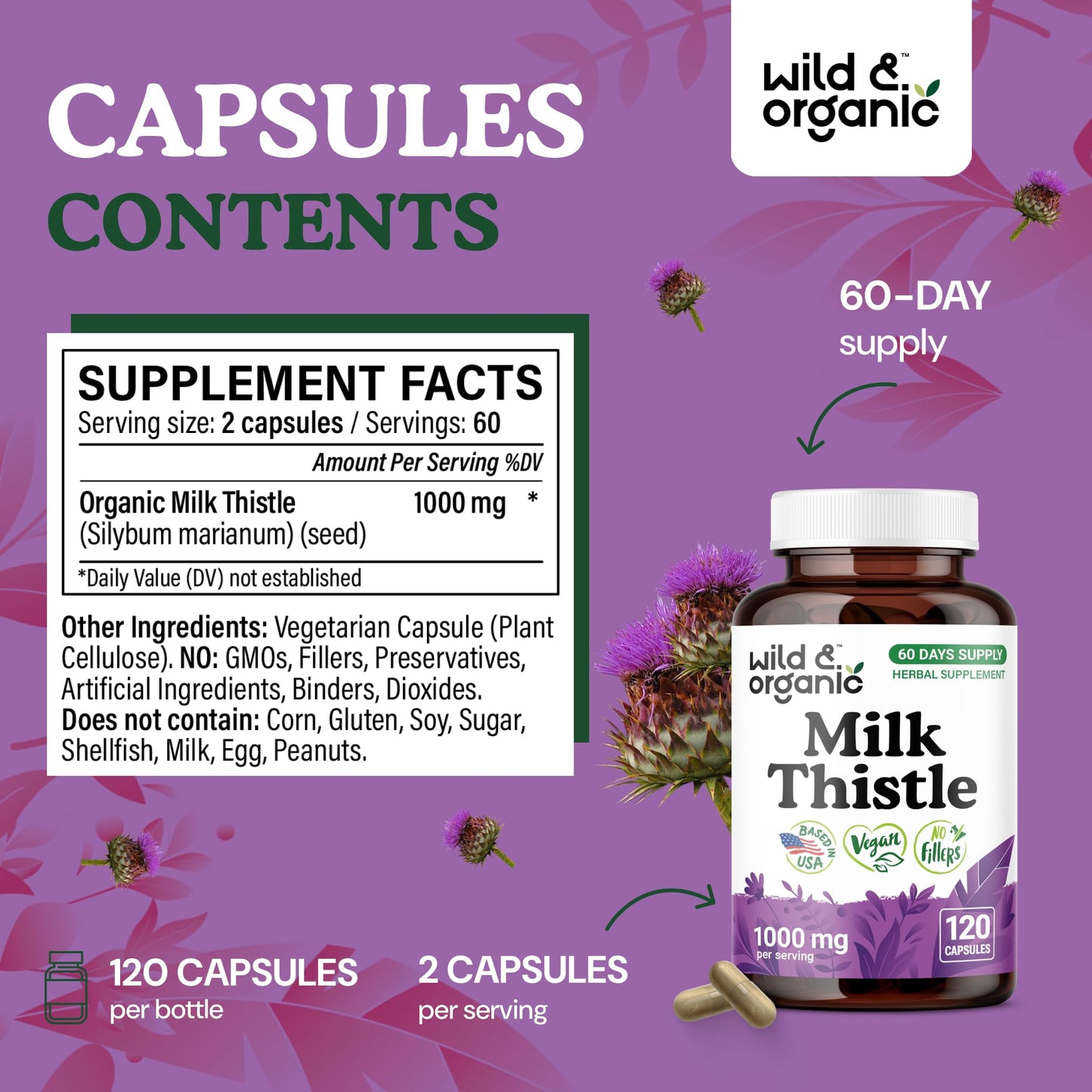 Wild & Organic Milk Thistle 1000mg Capsules, 120 Count