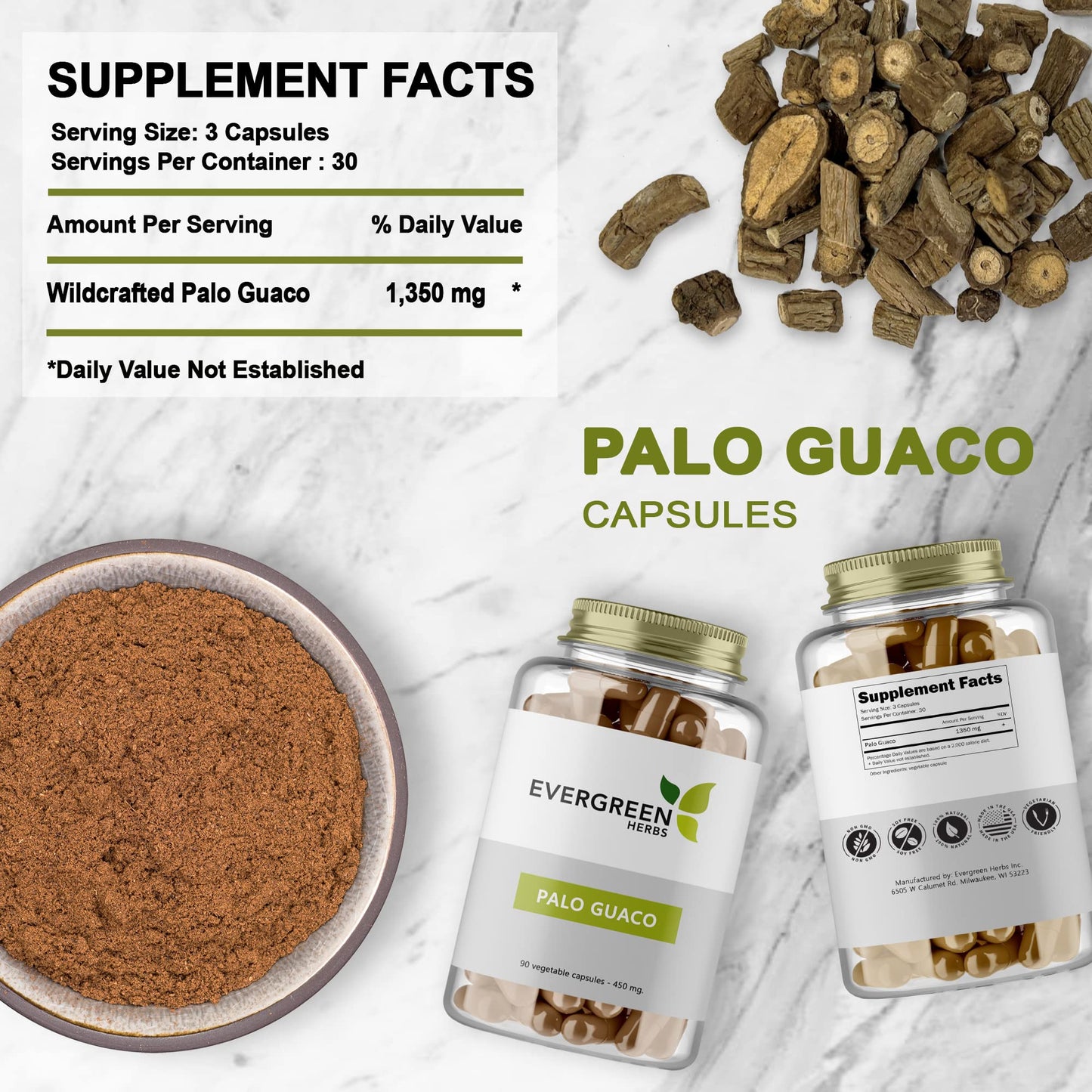 Evergreen Herbs Palo Guaco Capsules 90 Count