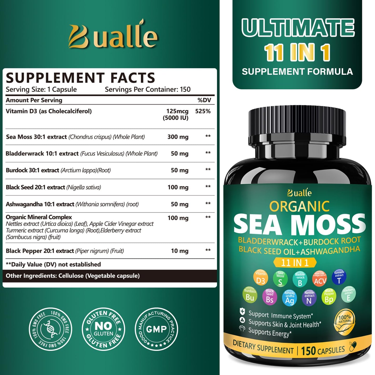 Bualle Organic Sea Moss Capsules, 150 Count