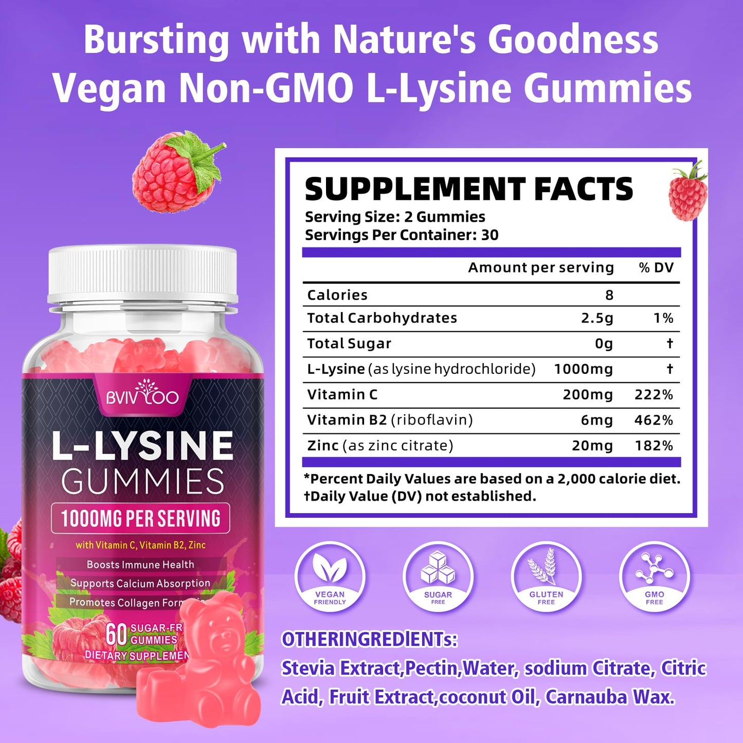 BVIVLOO L-Lysine 1000mg Gummies for Immune Support & Skin Health, 2-pack