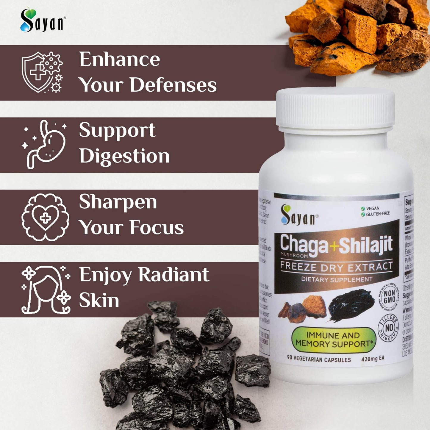 Sayan Siberian Chaga Mushroom Extract with Shilajit Capsules 90 Count