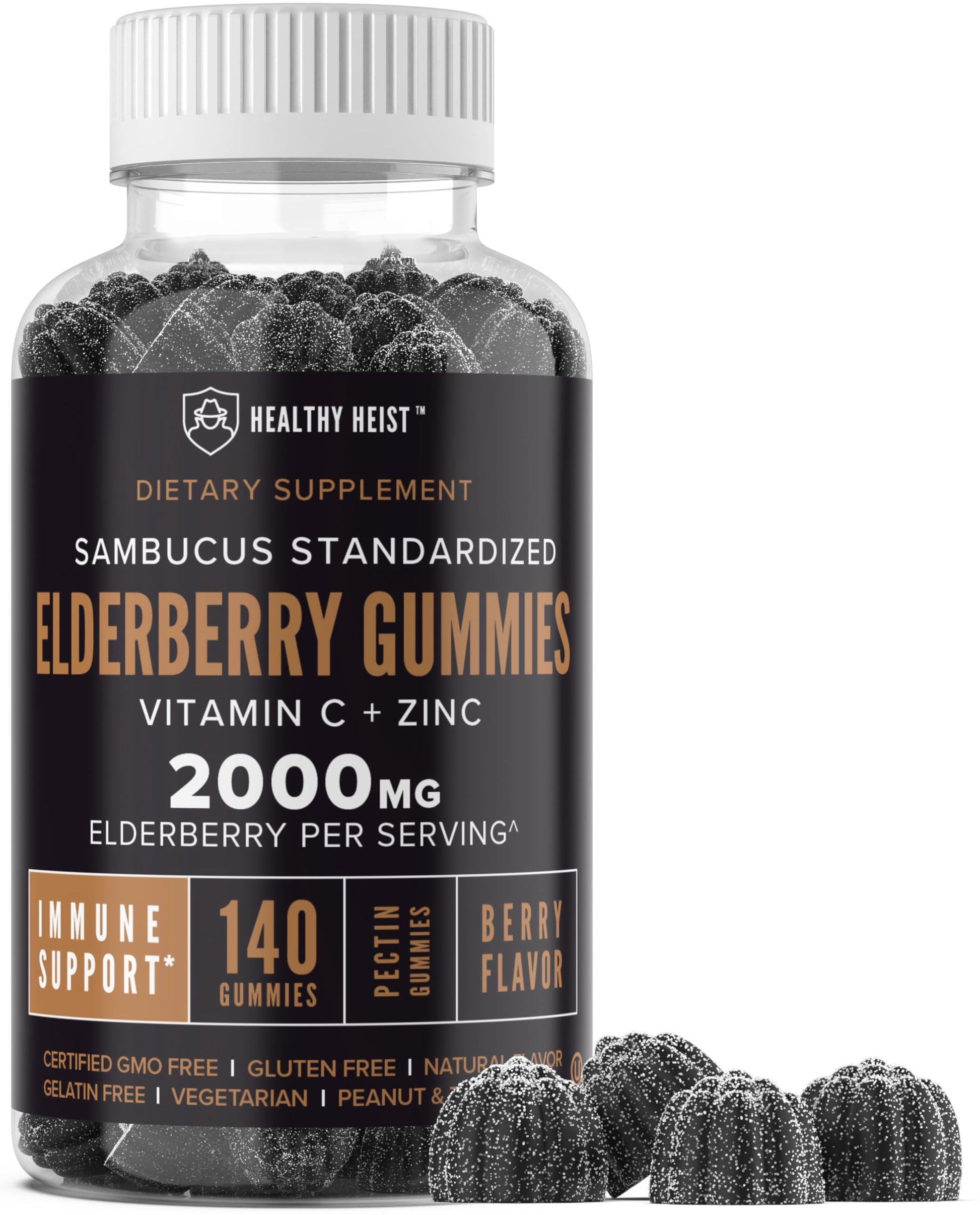 Healthy Heist Sambucus Black Elderberry Gummies, Zinc, Vitamin C, 140 Count